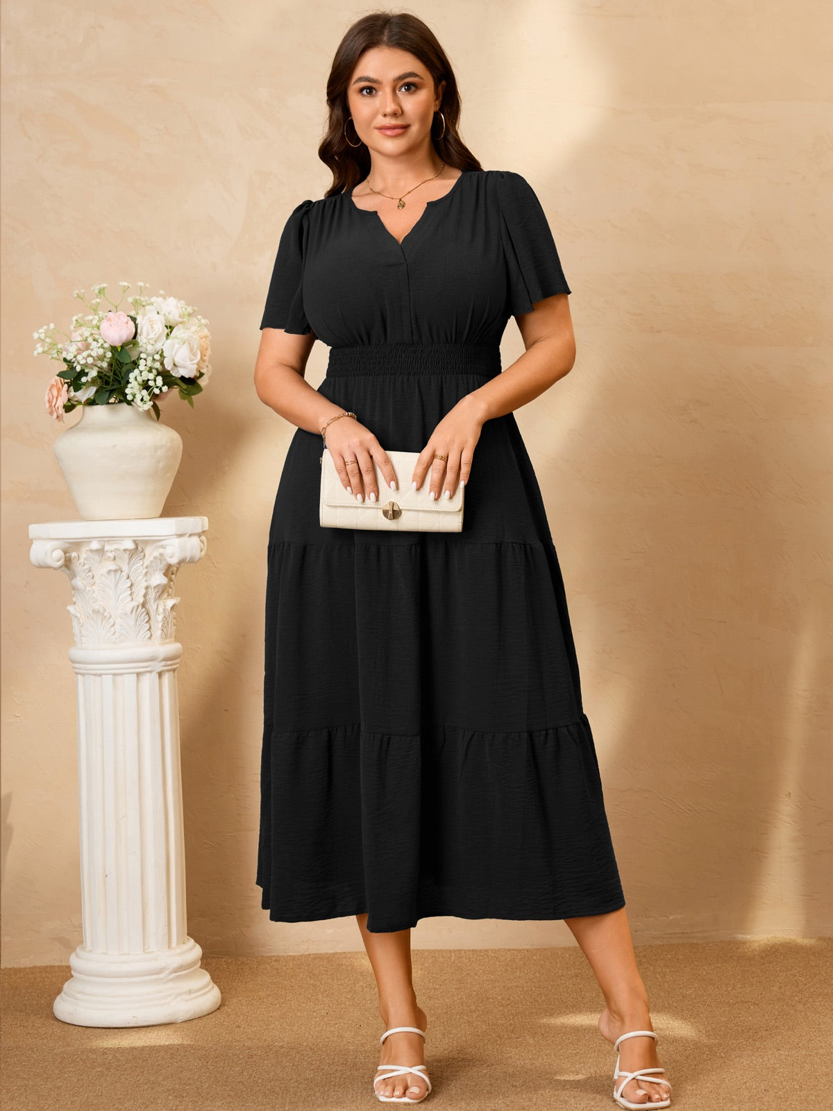 Plus Size Puff-Sleeve Tiered Midi Dress — Black gallery image 2