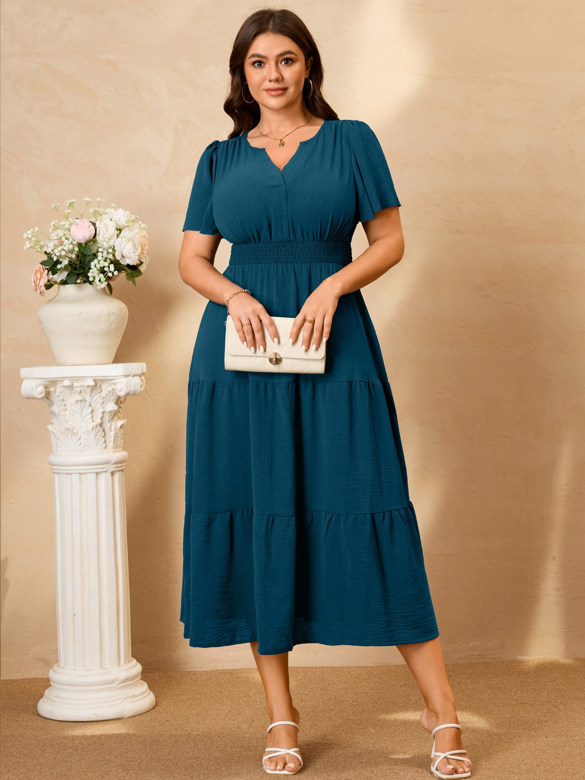 Plus Size Puff-Sleeve Tiered Midi Dress — Lake Blue gallery image 2