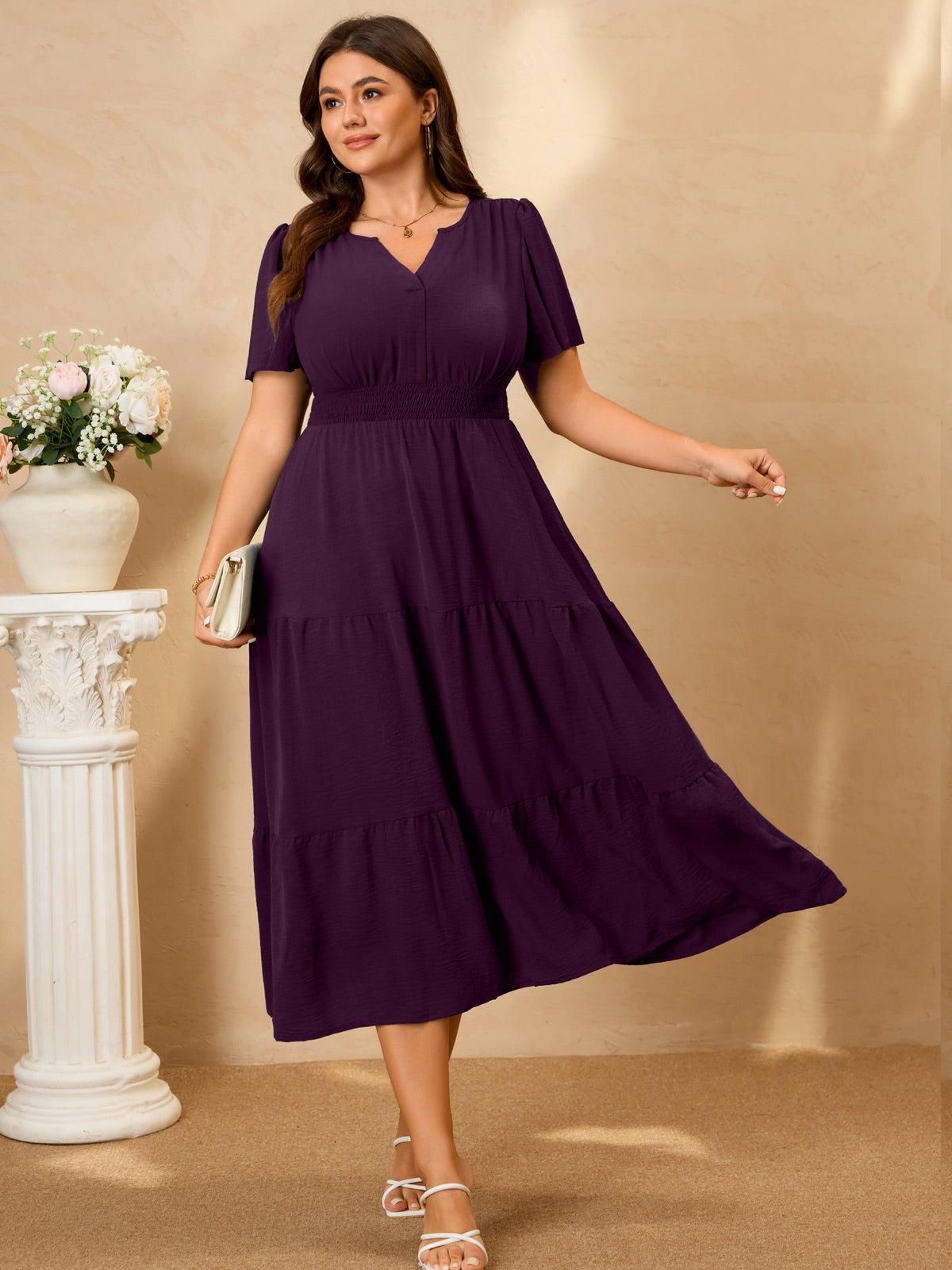 Plus Size Puff-Sleeve Tiered Midi Dress — Purple gallery image 3