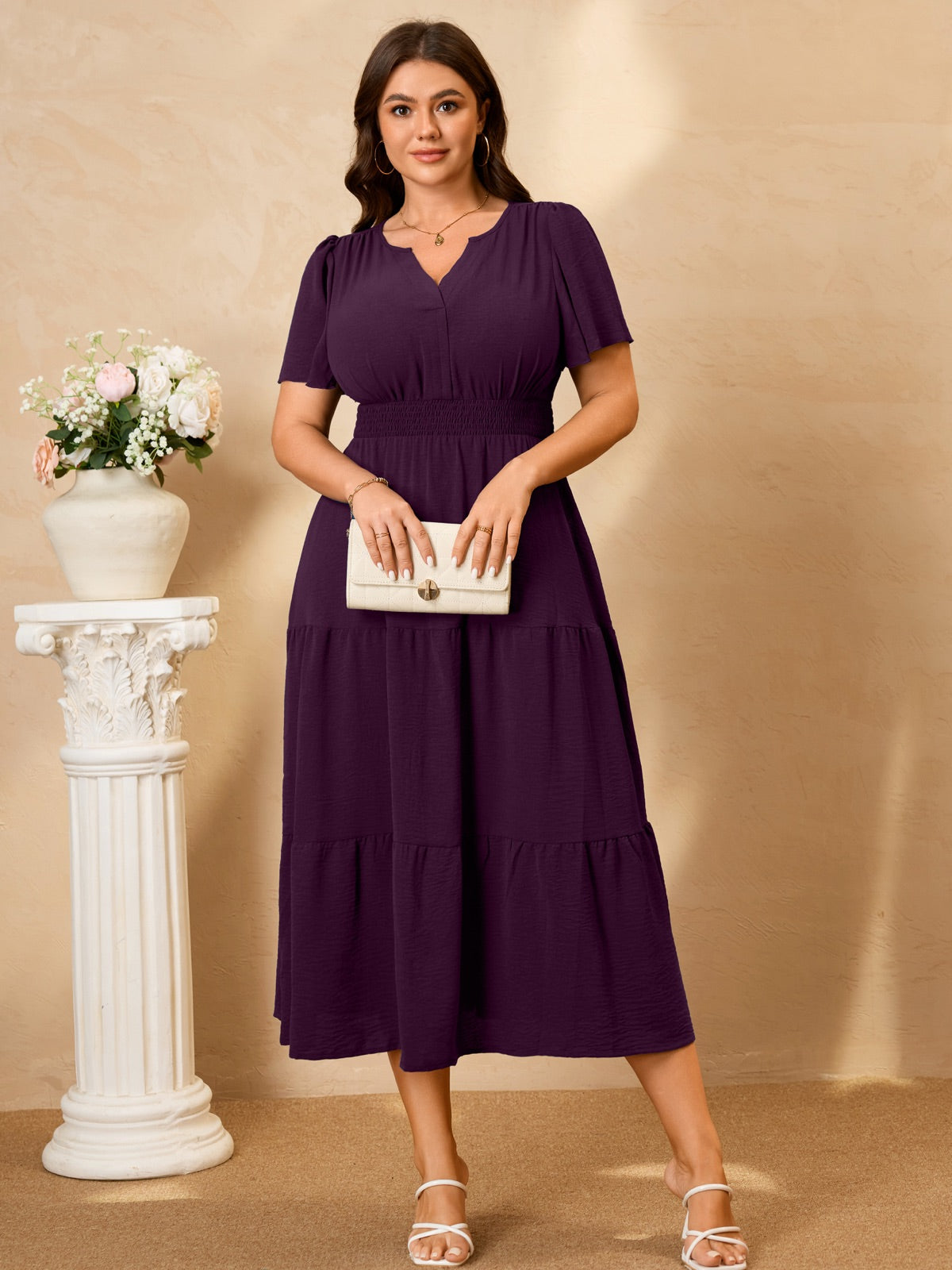 Plus Size Puff-Sleeve Tiered Midi Dress — Purple gallery image 1