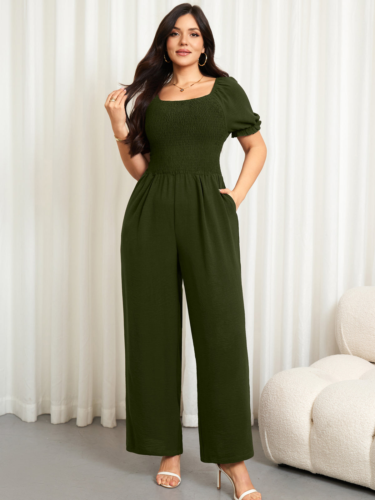 RWJ 6766 army green puff-sleeve wide-leg jumpsuit front view