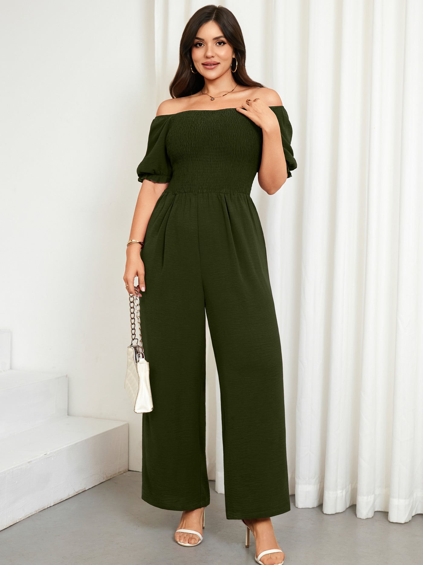 RWJ 6766 army green puff-sleeve wide-leg jumpsuit detail