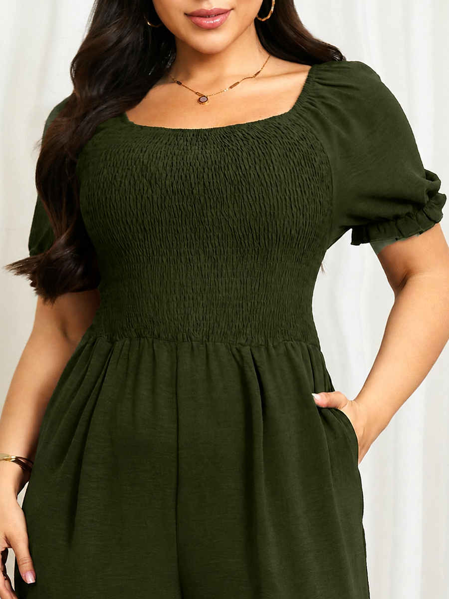 Plus Size Puff-Sleeve Wide-Leg Jumpsuit — Army Green close-up detail