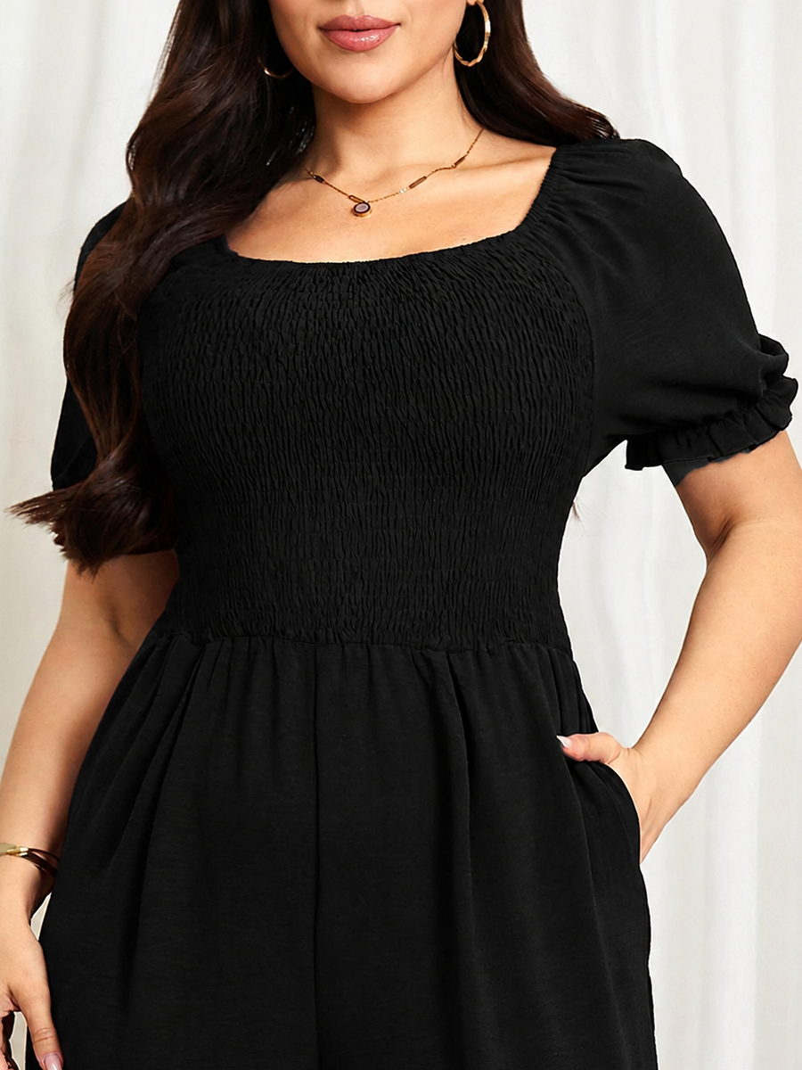 Plus Size Puff-Sleeve Wide-Leg Jumpsuit — Black close-up detail