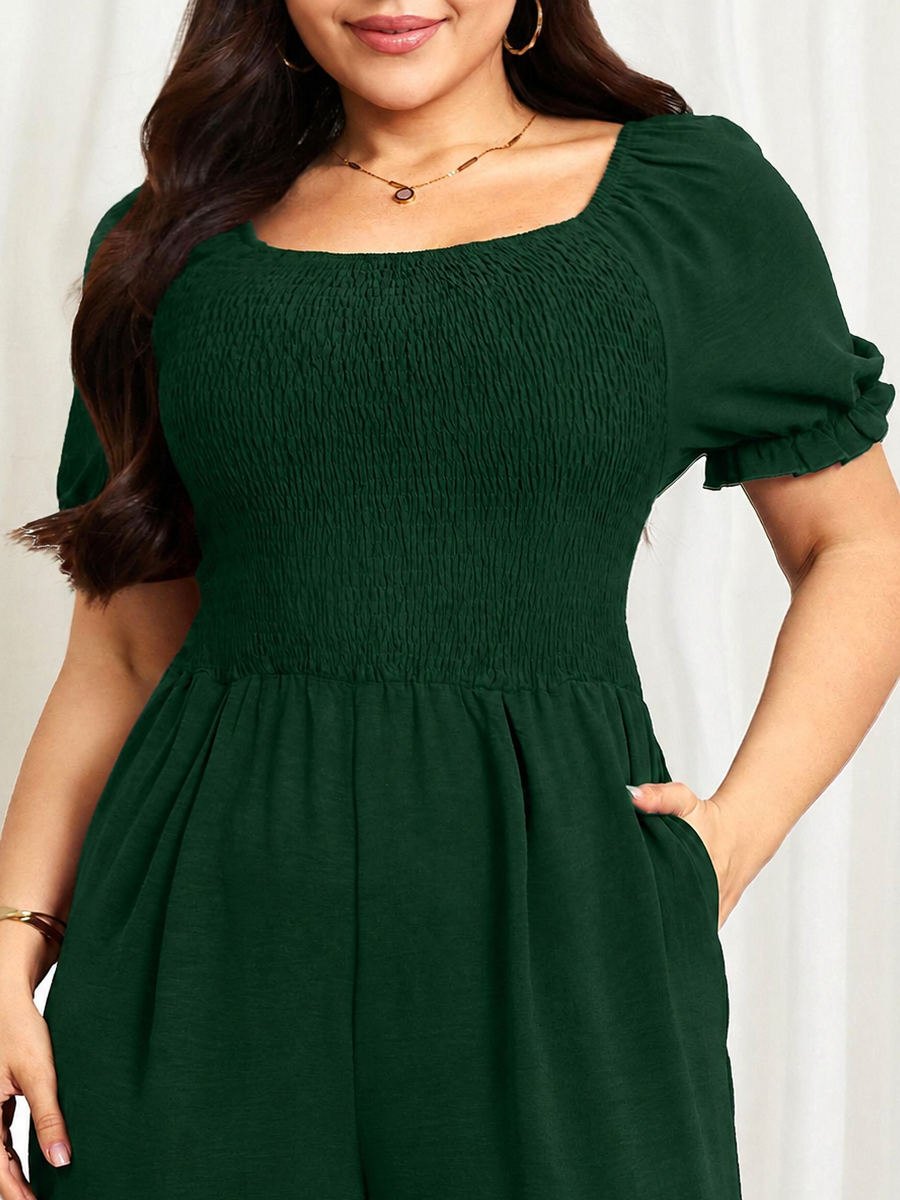 Plus Size Puff-Sleeve Wide-Leg Jumpsuit — Dark Green close-up detail