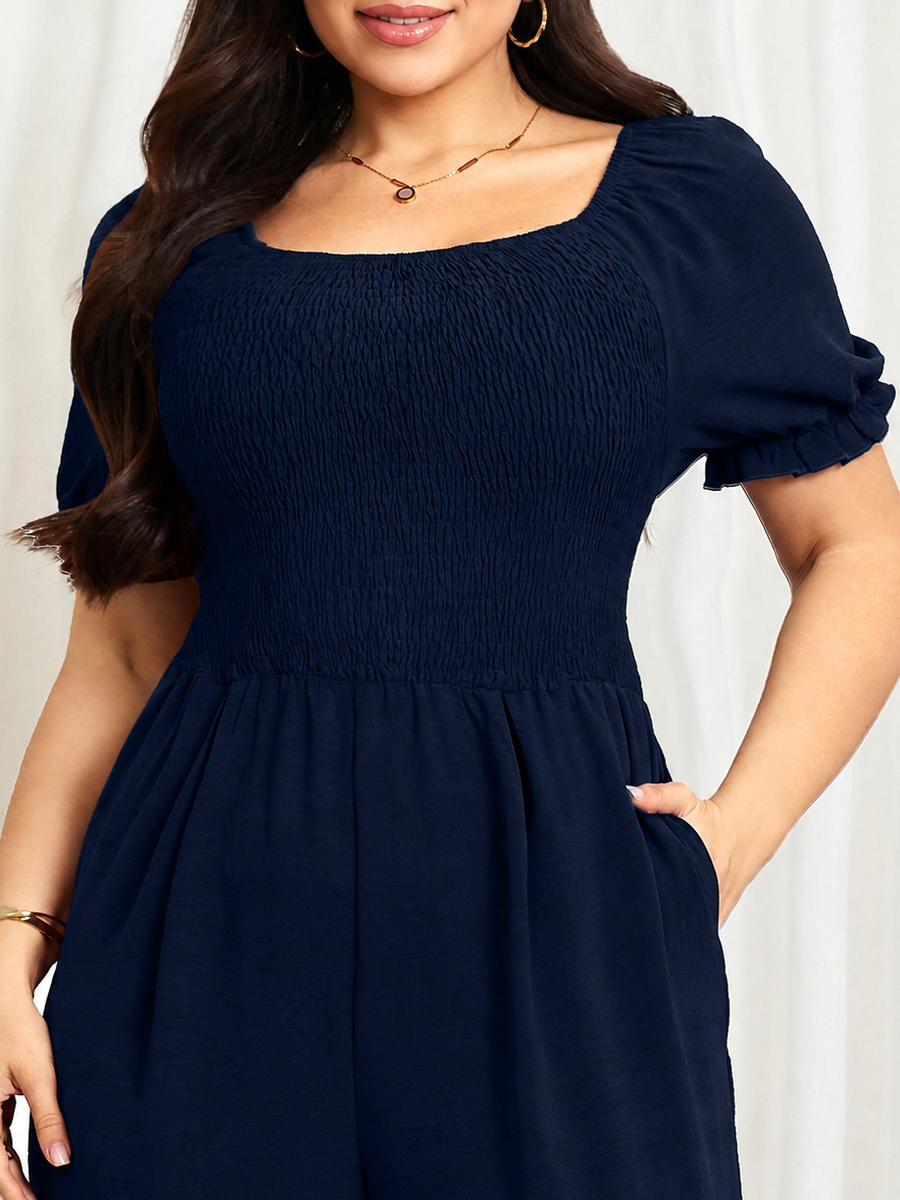 Plus Size Puff-Sleeve Wide-Leg Jumpsuit — Navy Blue close-up detail