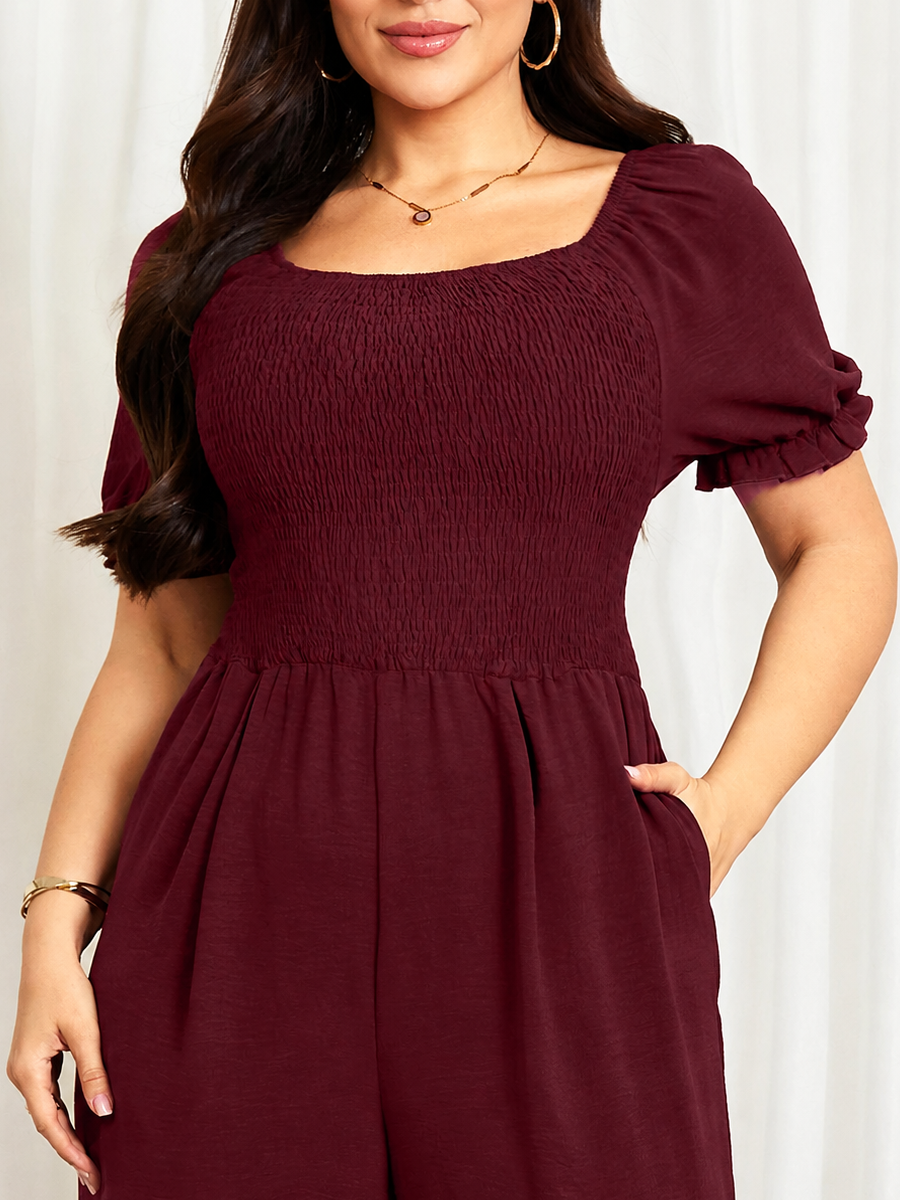 Plus Size Puff-Sleeve Wide-Leg Jumpsuit — Red close-up detail