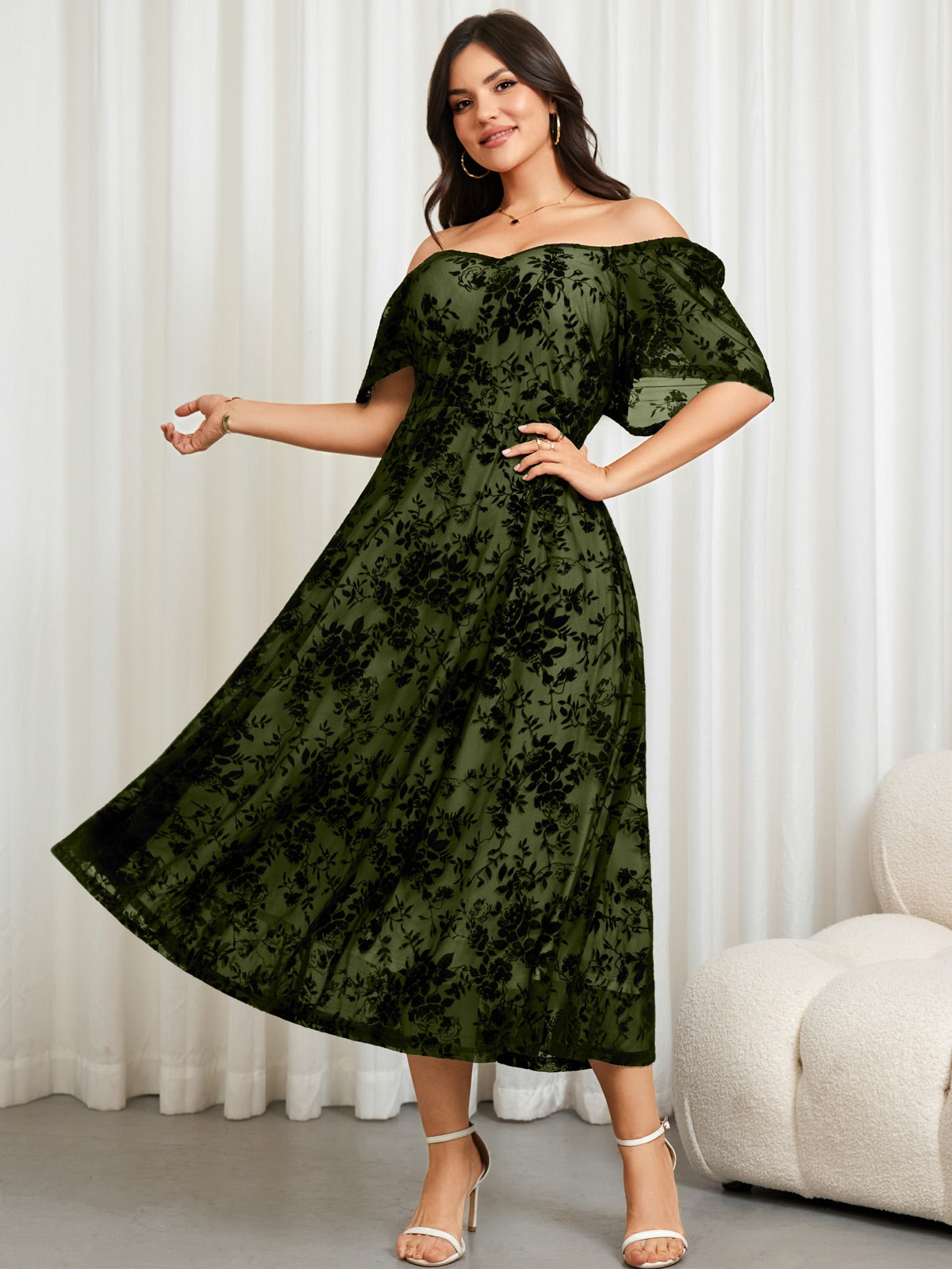 Plus Size Lace Off-Shoulder Midi Dress — Army Green gallery image 3
