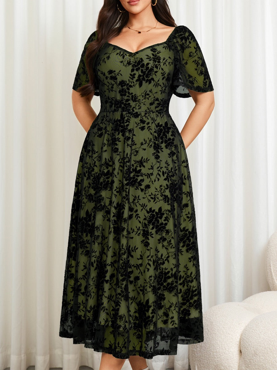 Plus Size Lace Off-Shoulder Midi Dress — Army Green close-up detail
