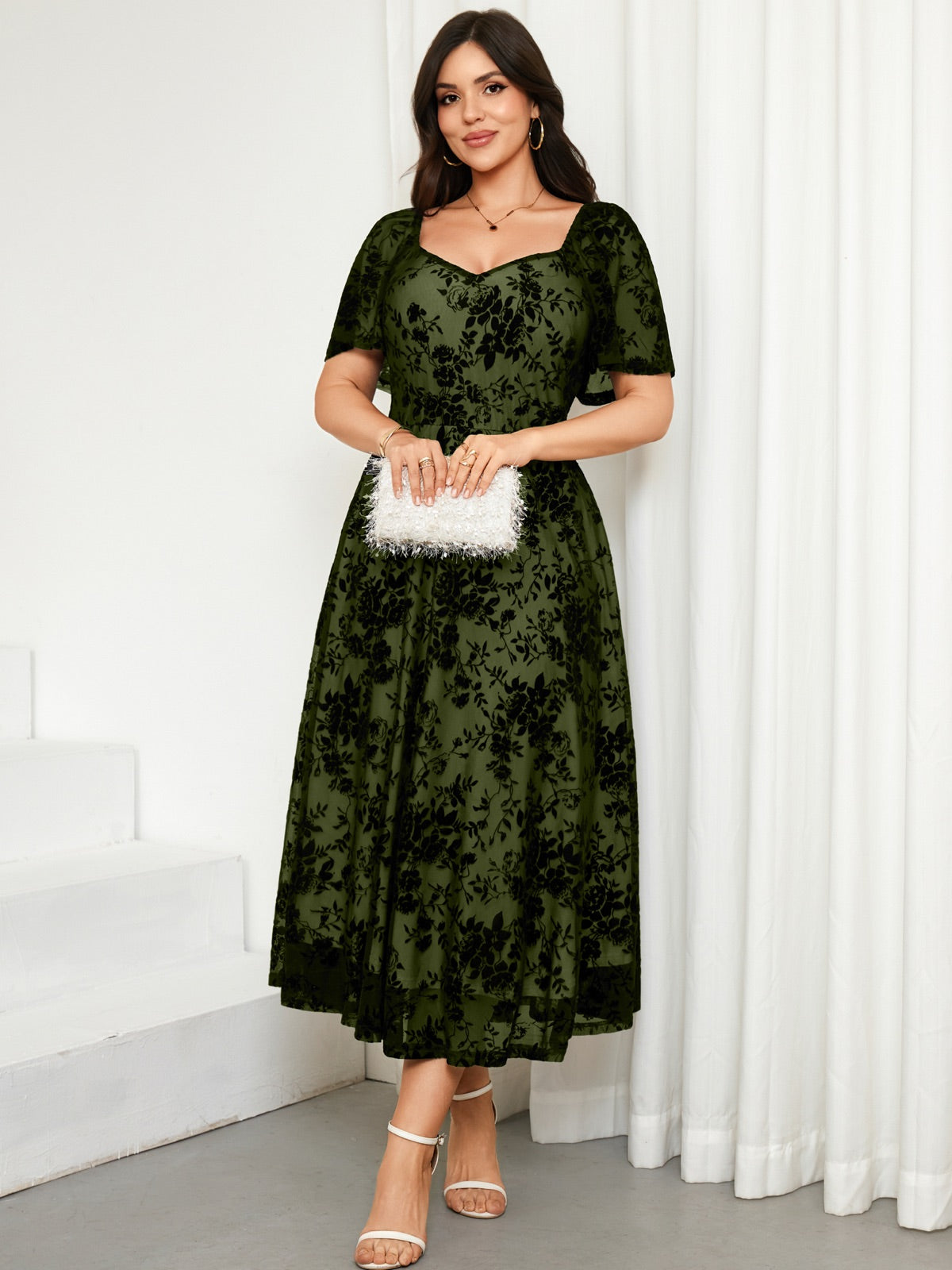 Plus Size Lace Off-Shoulder Midi Dress — Army Green gallery image 2