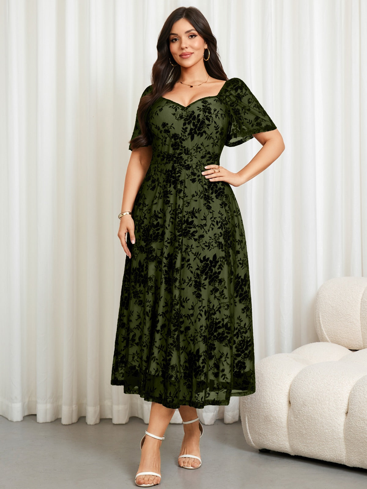 Plus Size Lace Off-Shoulder Midi Dress — Army Green gallery image 3