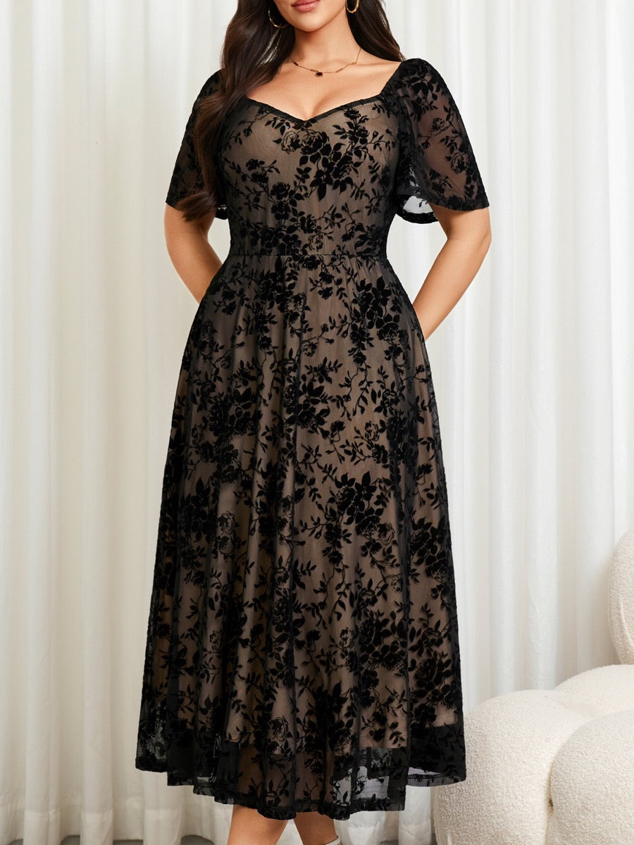 Plus Size Lace Off-Shoulder Midi Dress — Black close-up detail