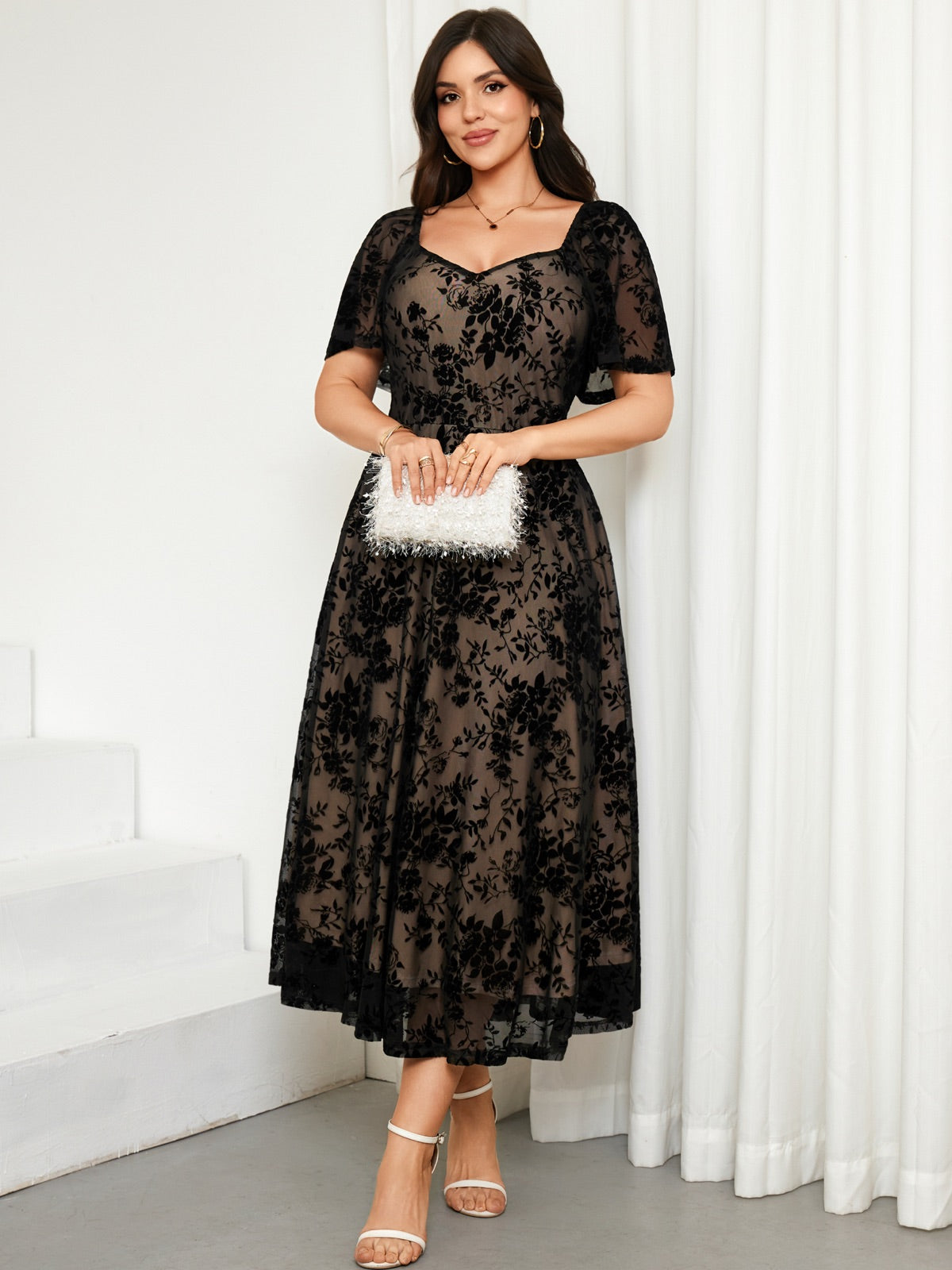 Plus Size Lace Off-Shoulder Midi Dress — Black gallery image 2