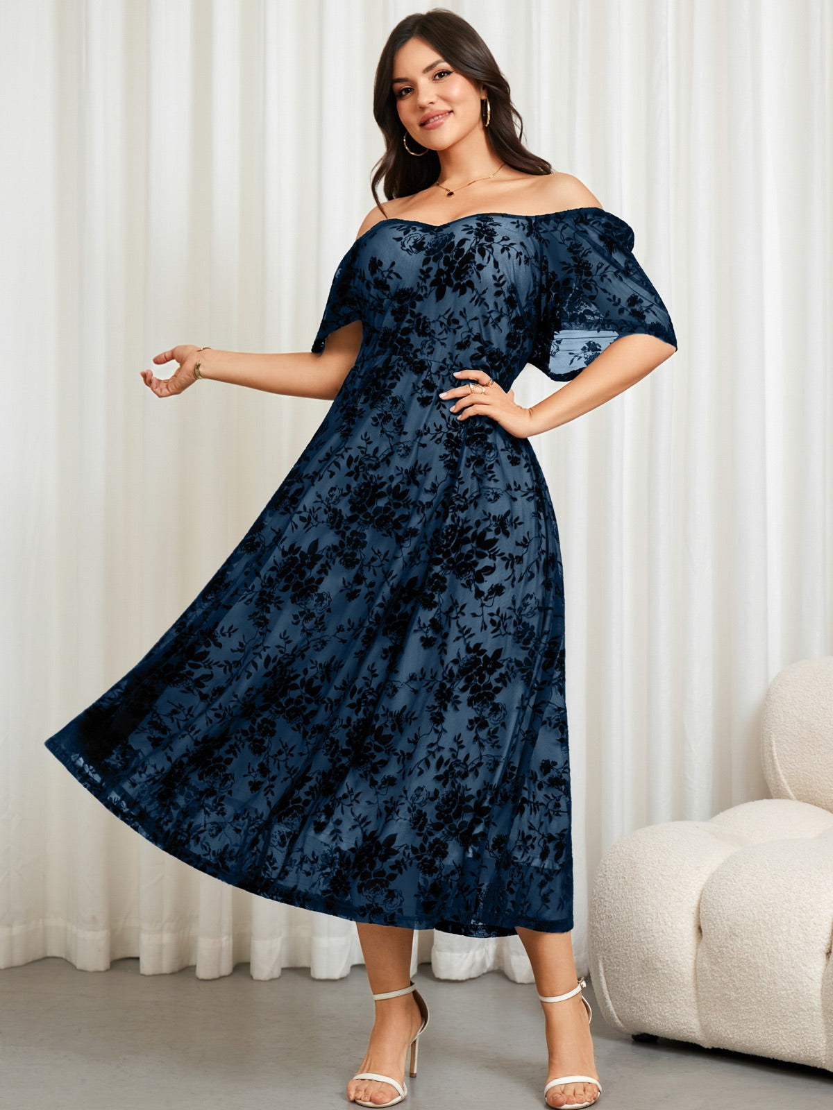 Plus Size Lace Off-Shoulder Midi Dress — Blue gallery image 3