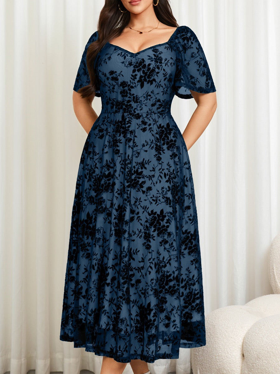 Plus Size Lace Off-Shoulder Midi Dress — Blue close-up detail