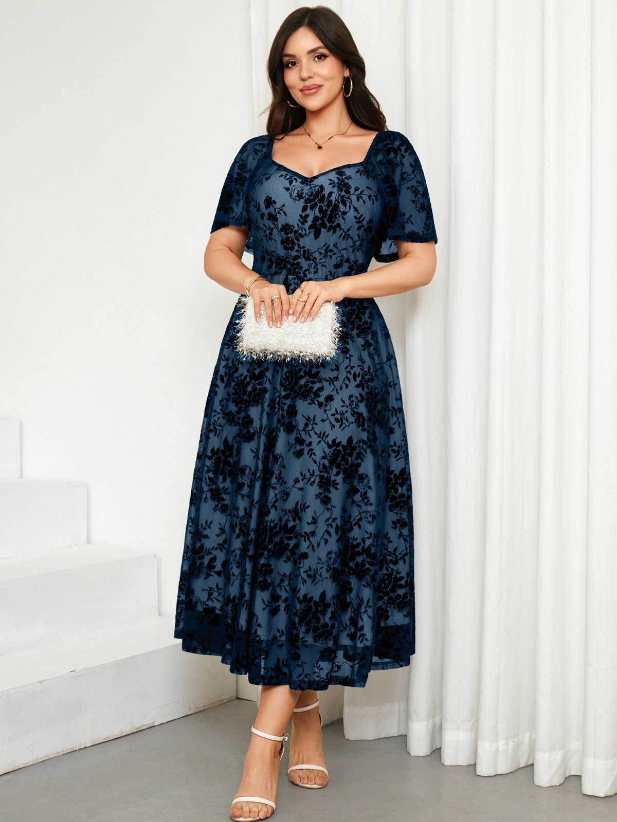 Plus Size Lace Off-Shoulder Midi Dress — Blue gallery image 2