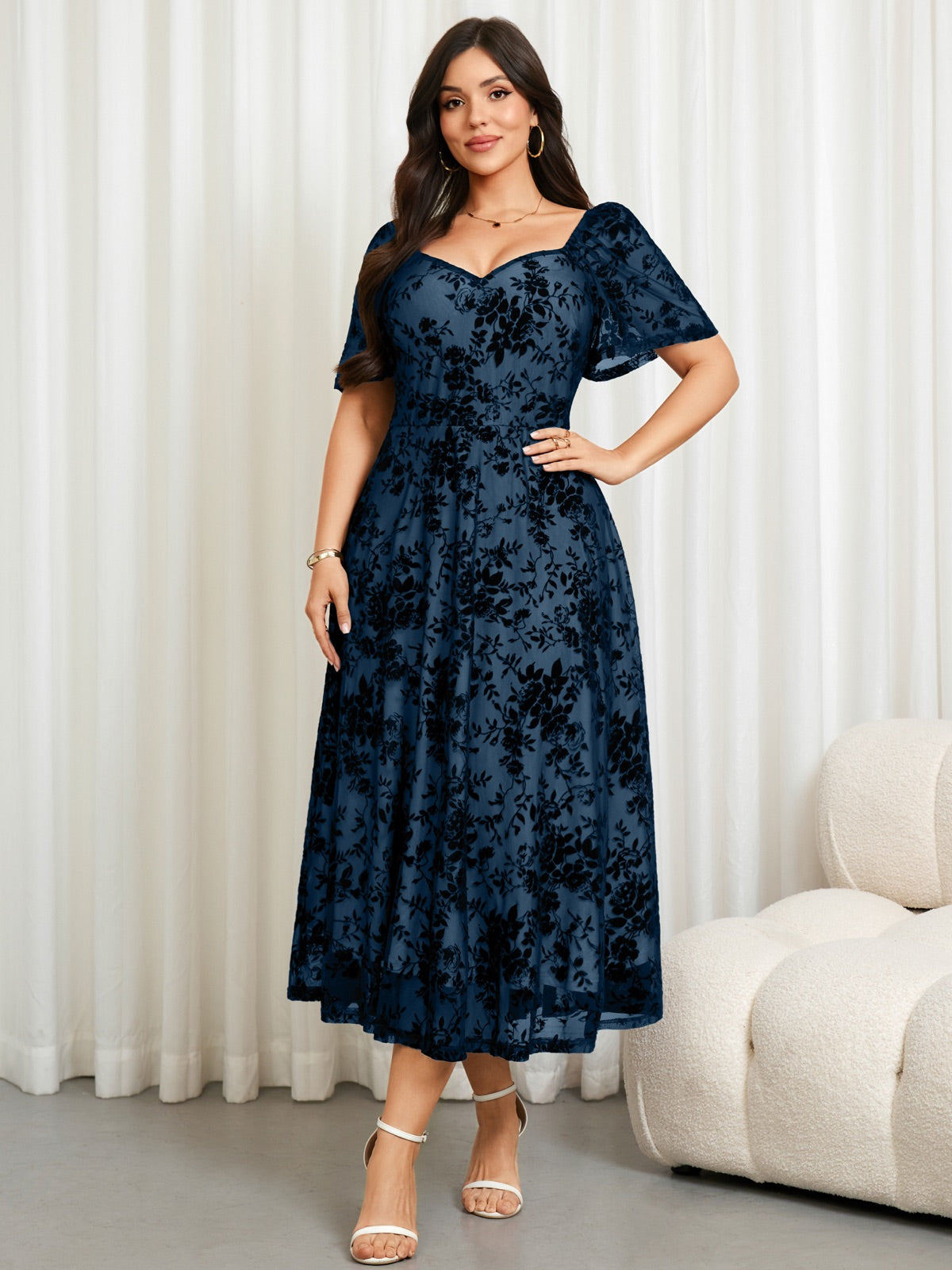 Plus Size Lace Off-Shoulder Midi Dress — Blue gallery image 3