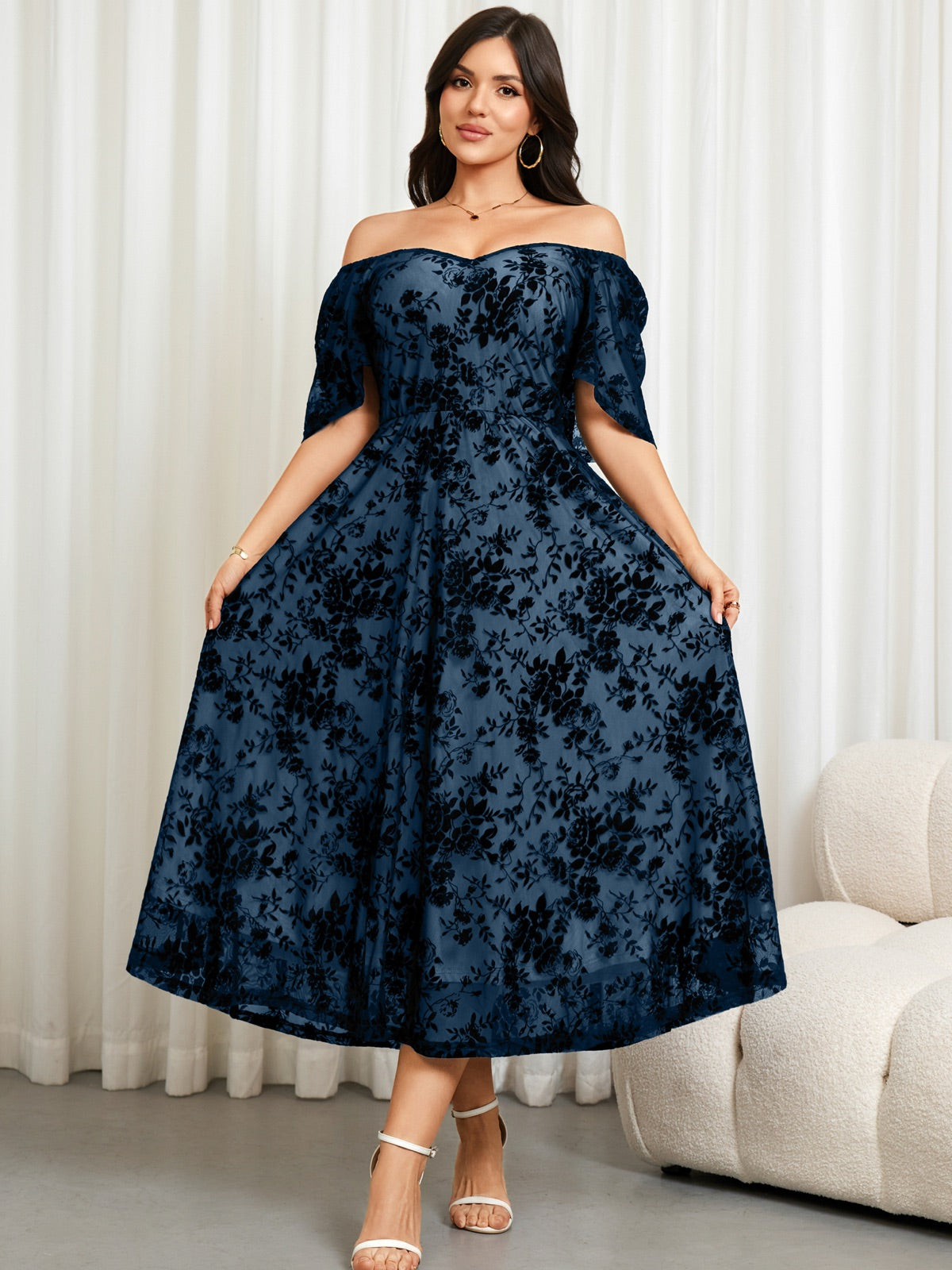 Plus Size Lace Off-Shoulder Midi Dress — Blue gallery image 4