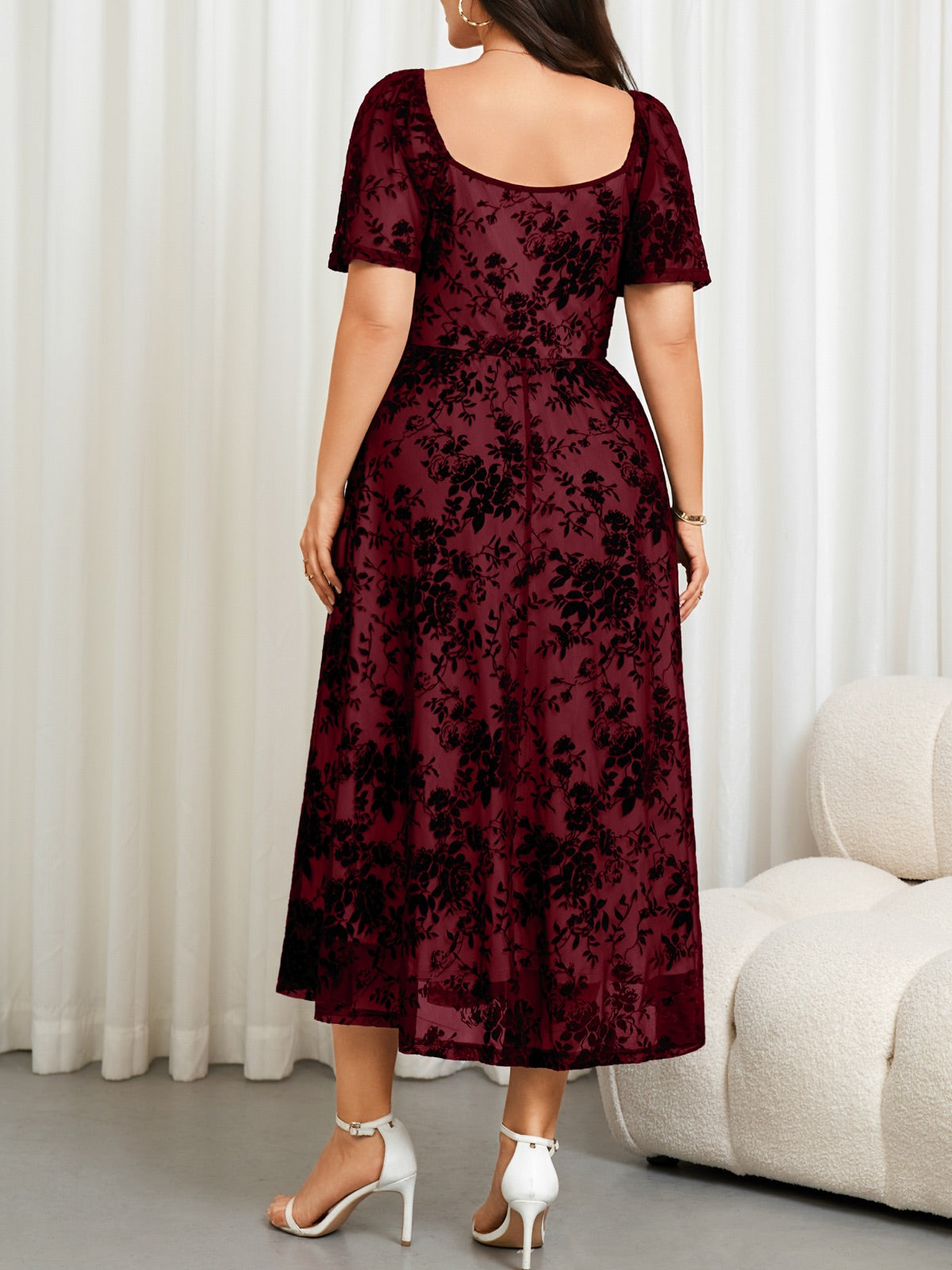 Plus Size Lace Off-Shoulder Midi Dress — Burgundy gallery image 3
