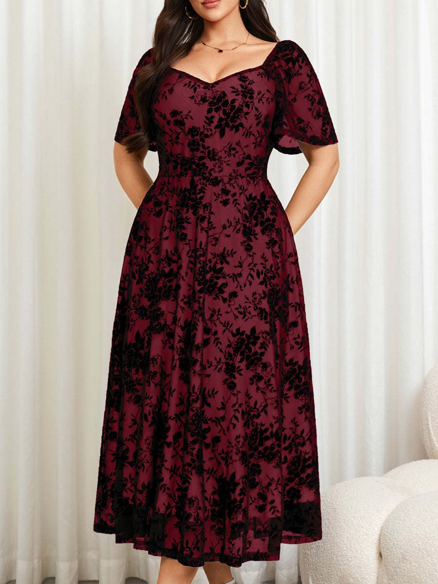 Plus Size Lace Off-Shoulder Midi Dress — Burgundy close-up detail