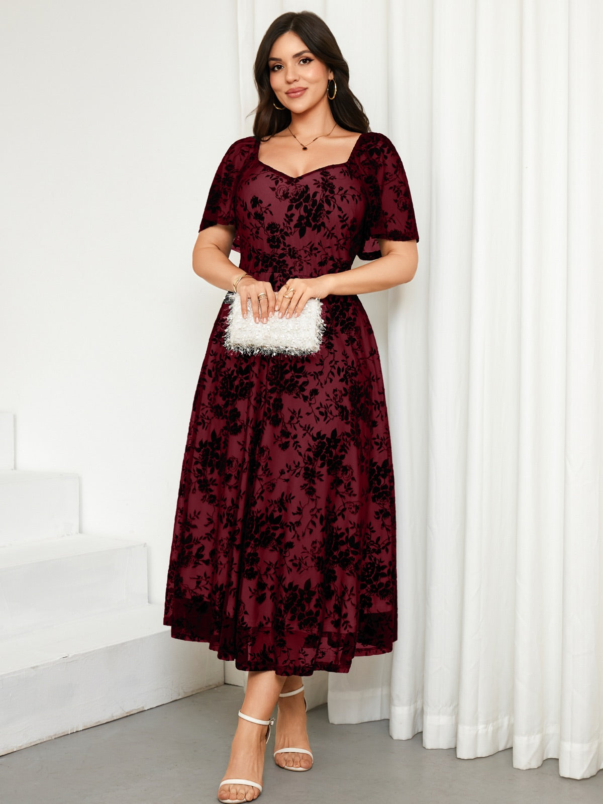 Plus Size Lace Off-Shoulder Midi Dress — Burgundy gallery image 2