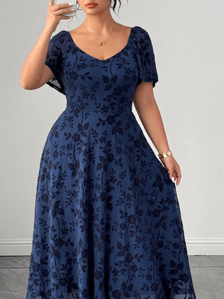 Plus Size Lace Off-Shoulder Midi Dress — Dusty Blue close-up detail