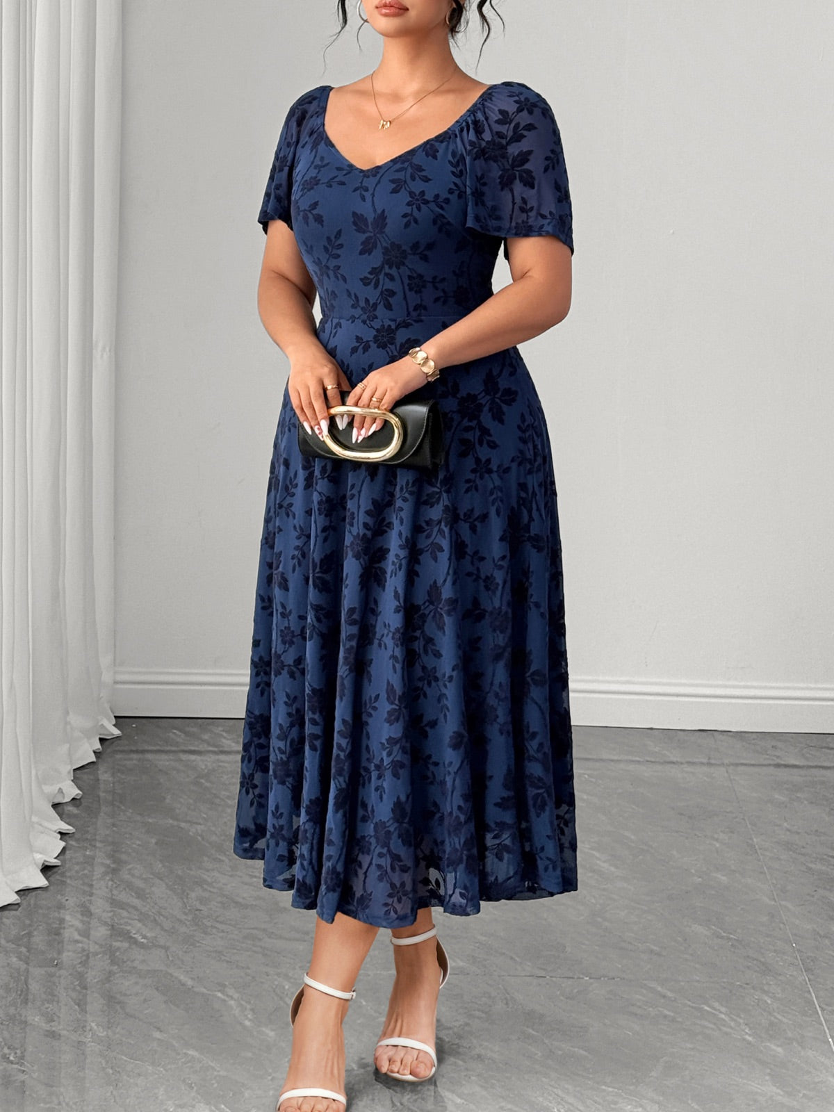 Plus Size Lace Off-Shoulder Midi Dress — Dusty Blue gallery image 2