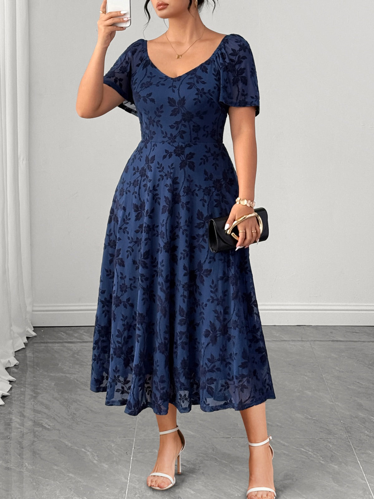 Plus Size Lace Off-Shoulder Midi Dress — Dusty Blue gallery image 3