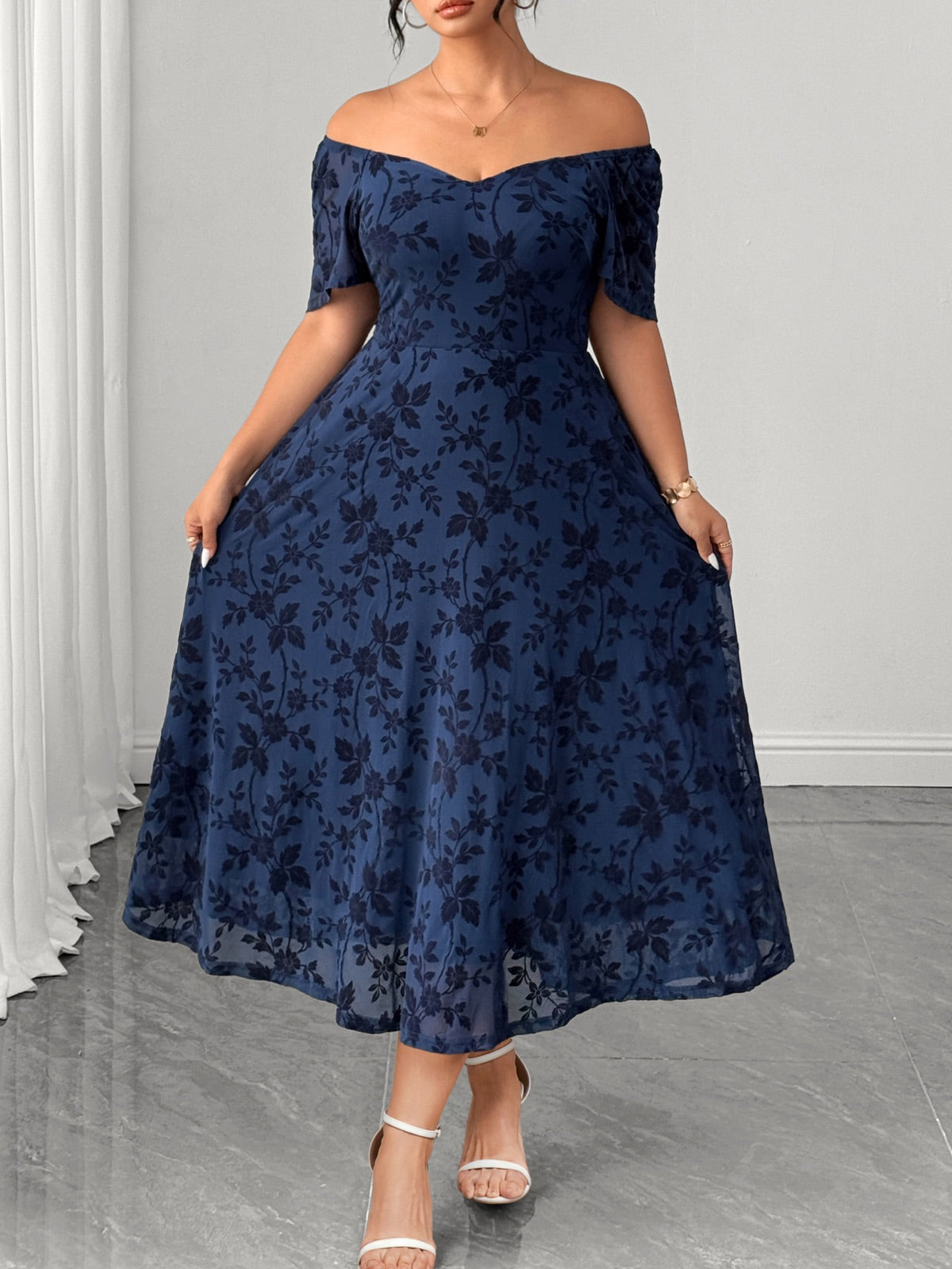 Plus Size Lace Off-Shoulder Midi Dress — Dusty Blue gallery image 4