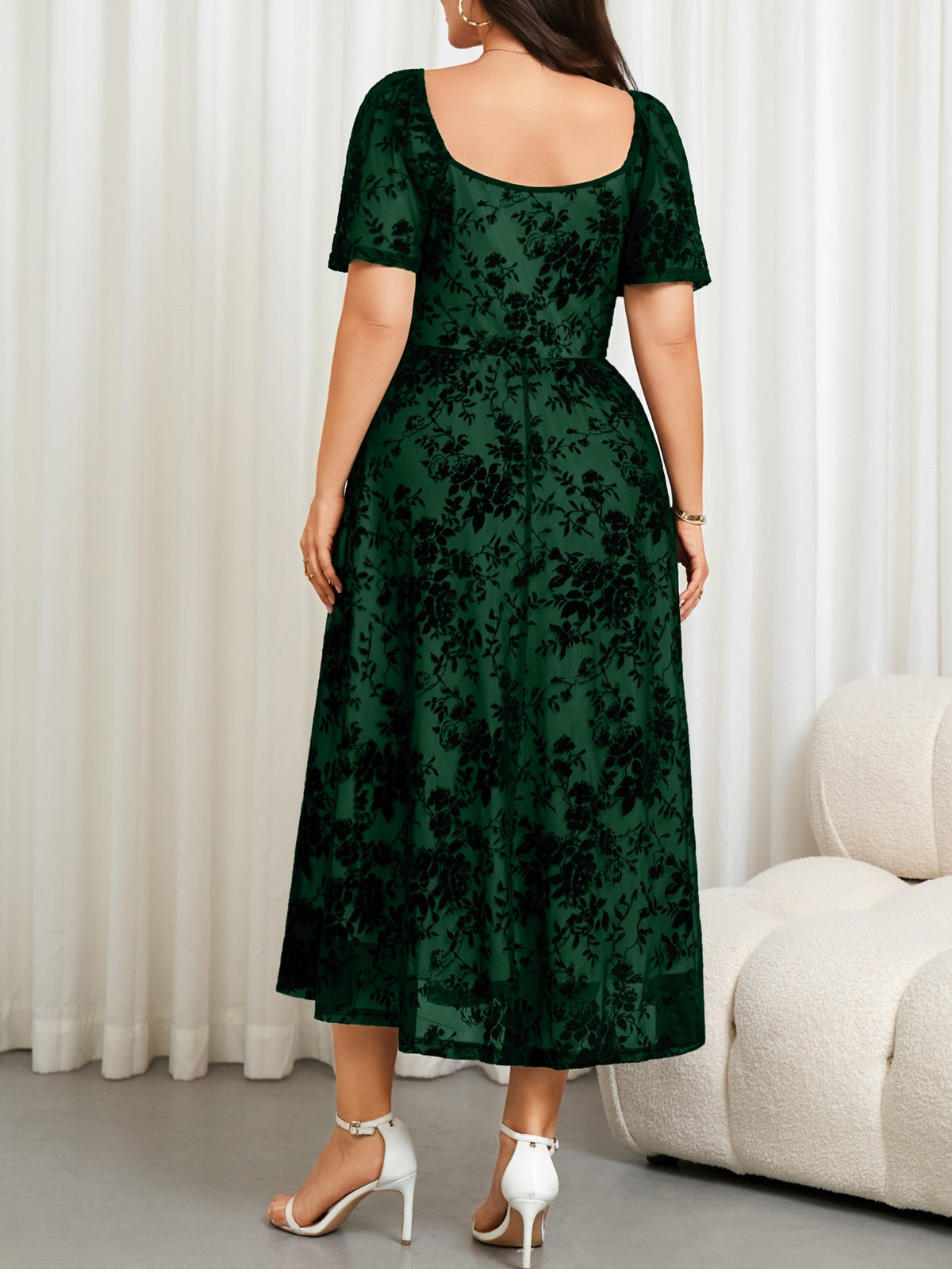 Plus Size Lace Off-Shoulder Midi Dress — Emerald Green gallery image 3