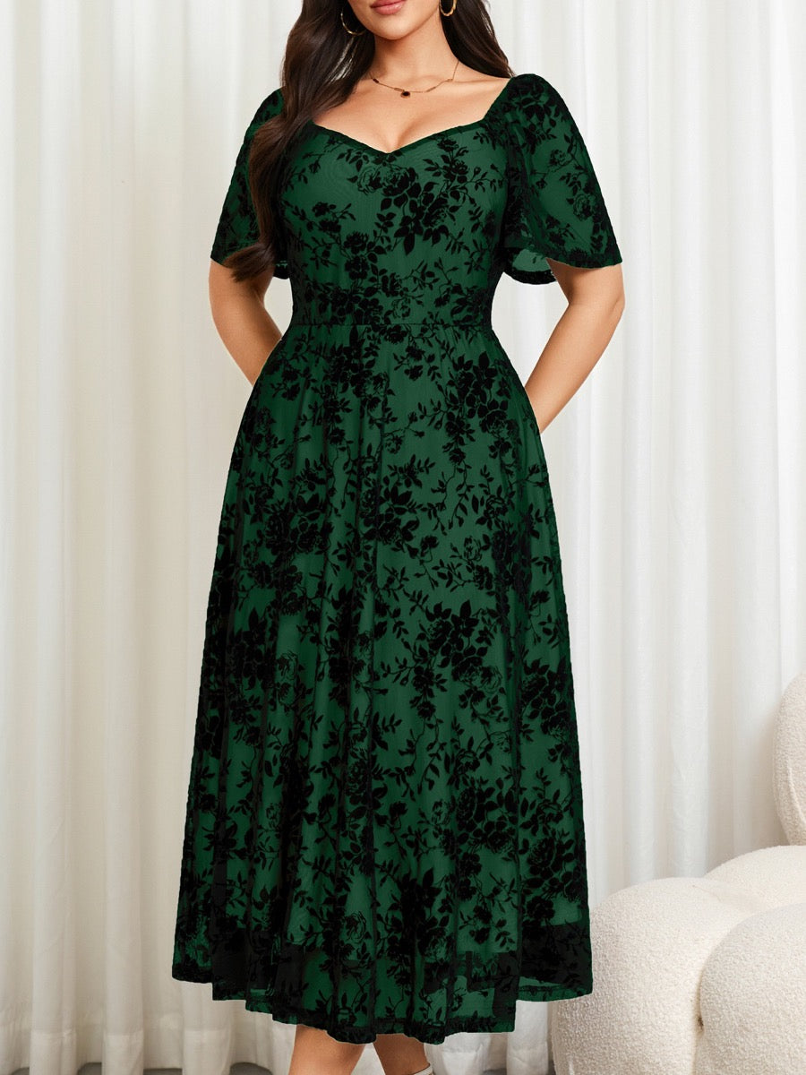 Plus Size Lace Off-Shoulder Midi Dress — Emerald Green close-up detail