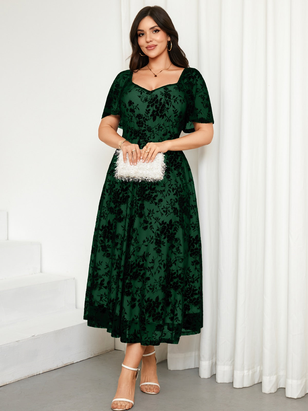 Plus Size Lace Off-Shoulder Midi Dress — Emerald Green gallery image 2