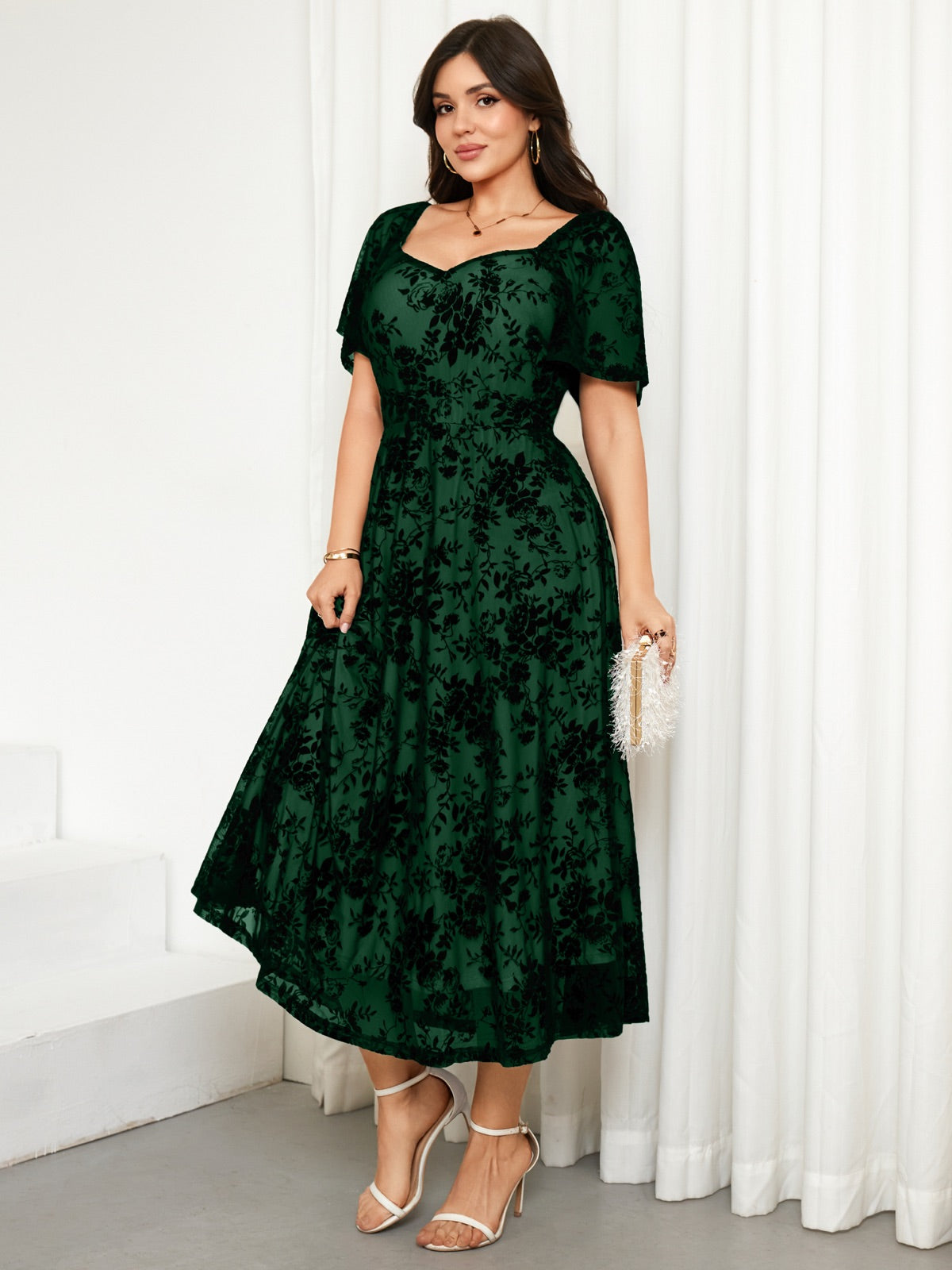 Plus Size Lace Off-Shoulder Midi Dress — Emerald Green gallery image 3