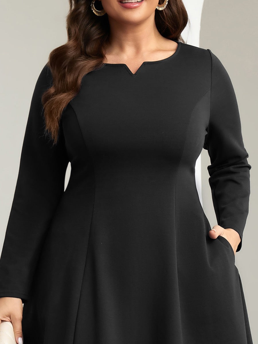 Plus Size Square-Neck Long-Sleeve Mini Dress — Black close-up detail