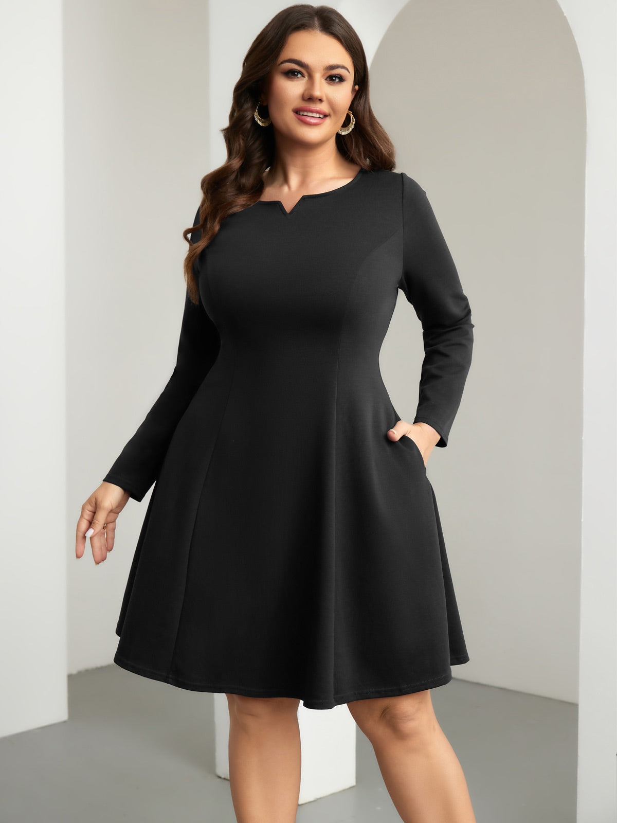 Plus Size Square-Neck Long-Sleeve Mini Dress — Black gallery image 3