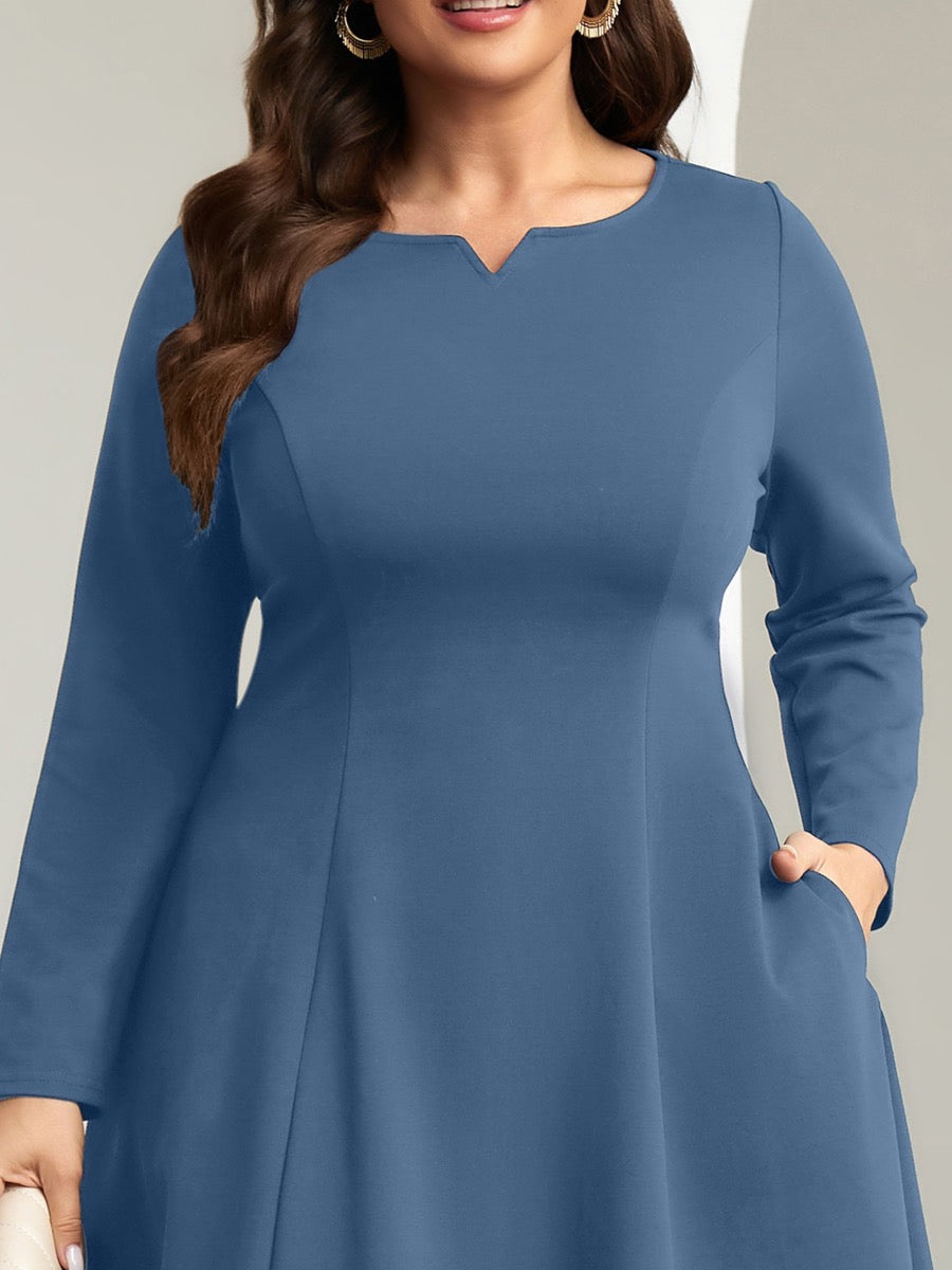 Plus Size Square-Neck Long-Sleeve Mini Dress — Dusty Blue close-up detail