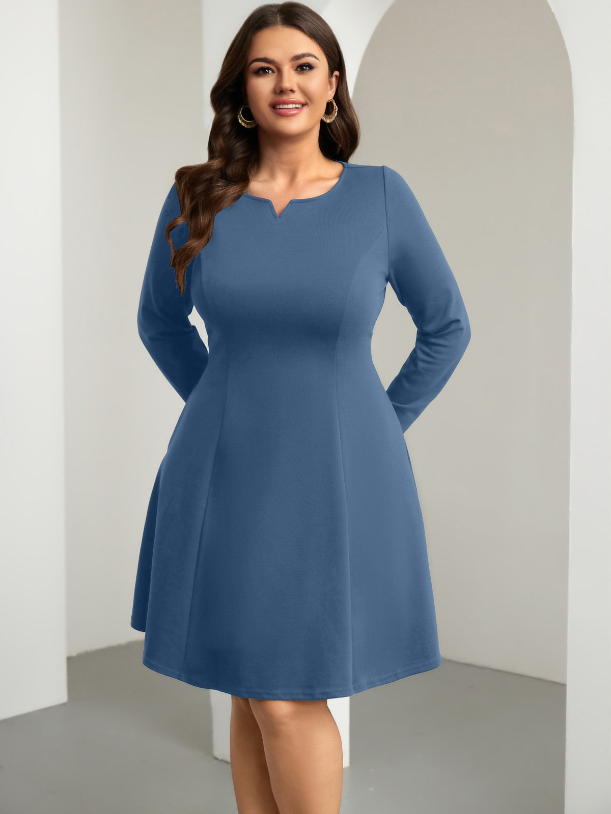 Plus Size Square-Neck Long-Sleeve Mini Dress — Dusty Blue gallery image 2