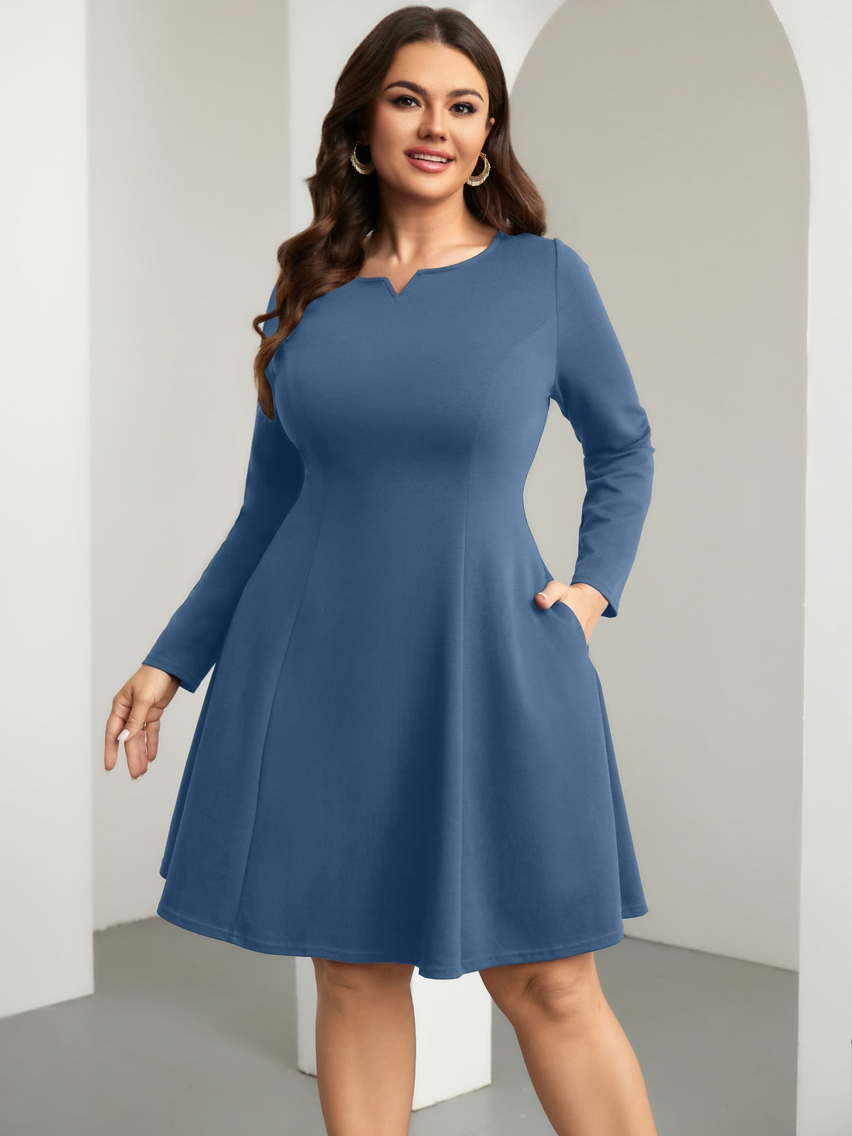 Plus Size Square-Neck Long-Sleeve Mini Dress — Dusty Blue gallery image 3