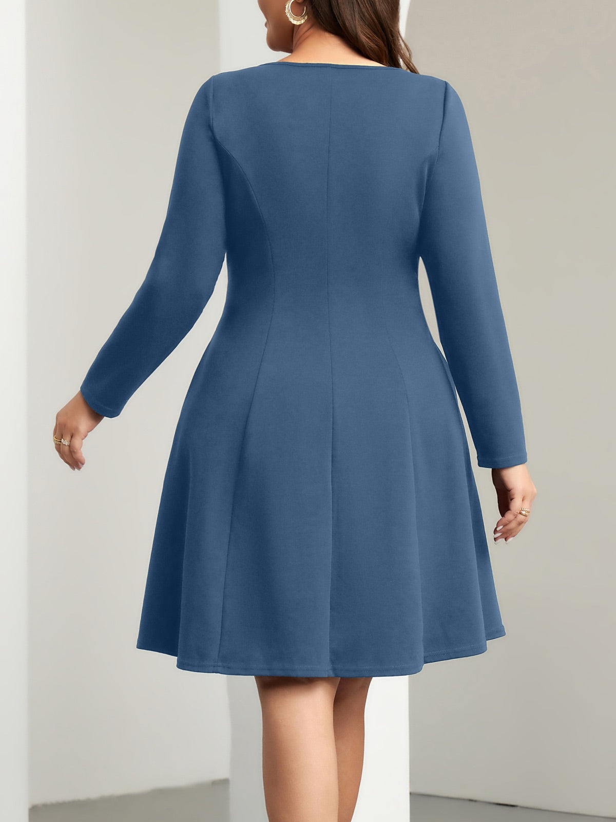Plus Size Square-Neck Long-Sleeve Mini Dress — Dusty Blue gallery image 4