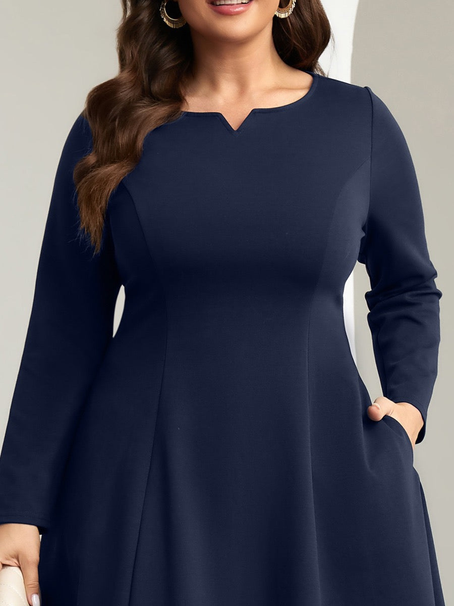 Plus Size Square-Neck Long-Sleeve Mini Dress — Navy Blue close-up detail