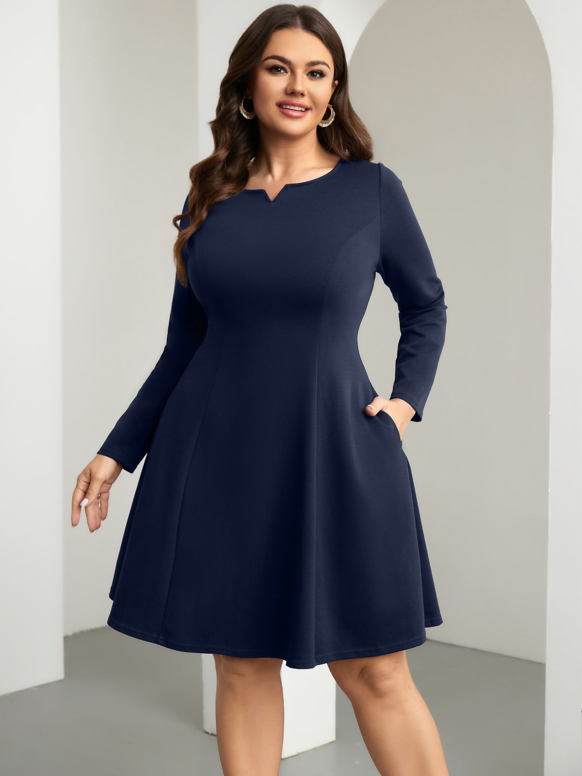 Plus Size Square-Neck Long-Sleeve Mini Dress — Navy Blue gallery image 3