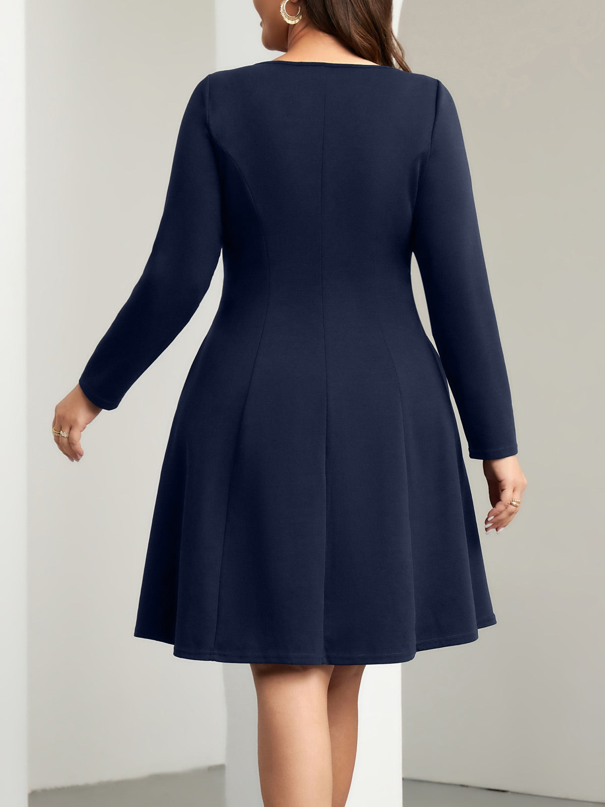 Plus Size Square-Neck Long-Sleeve Mini Dress — Navy Blue gallery image 4