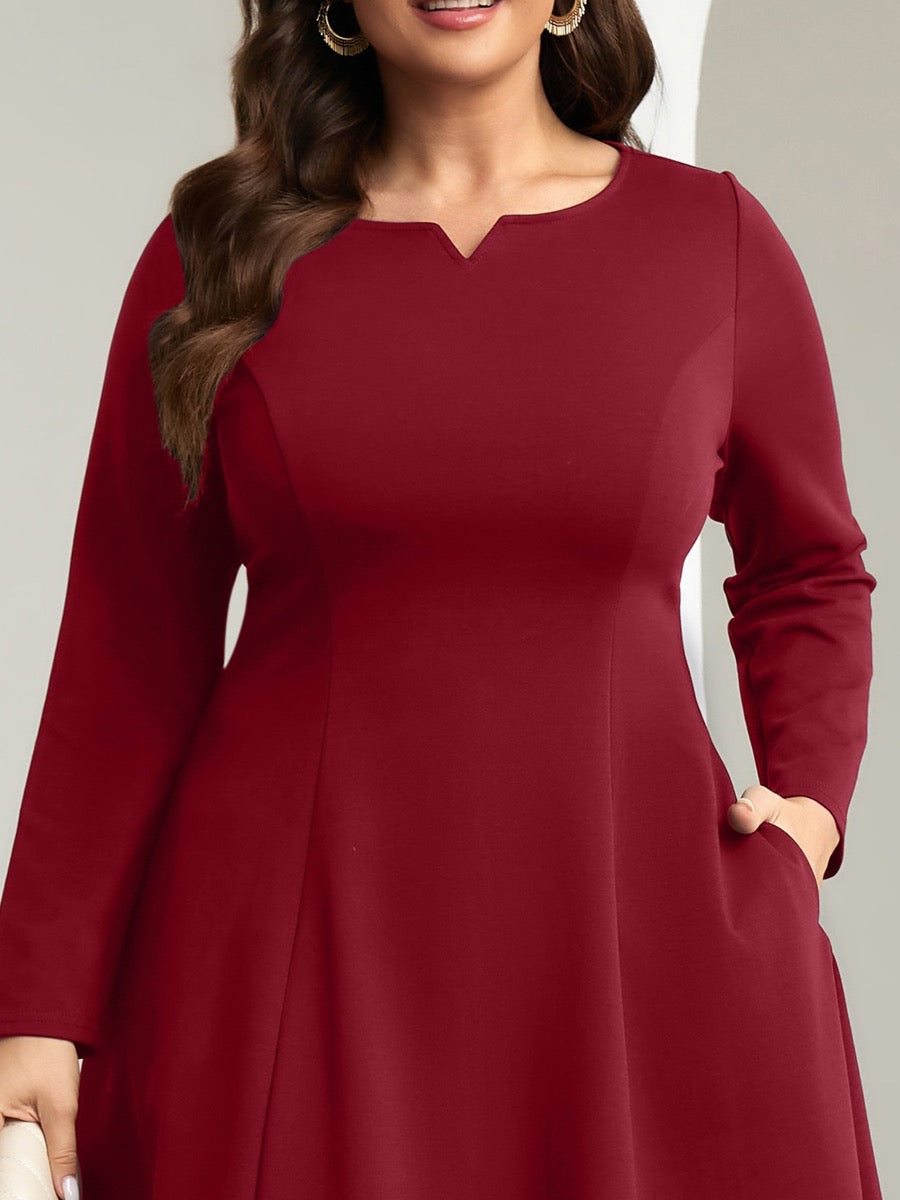 Plus Size Square-Neck Long-Sleeve Mini Dress — Red close-up detail