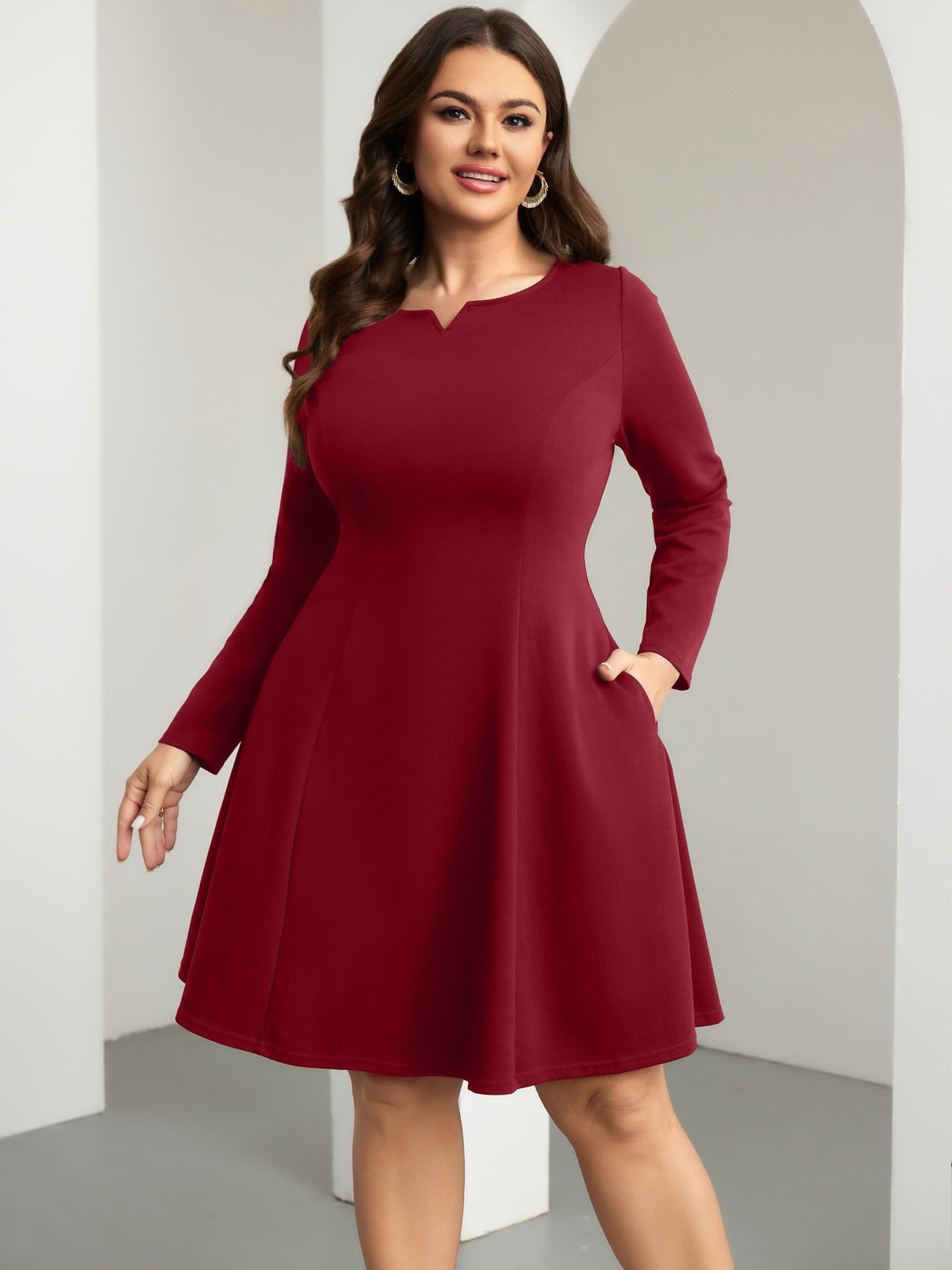 Plus Size Square-Neck Long-Sleeve Mini Dress — Red gallery image 3