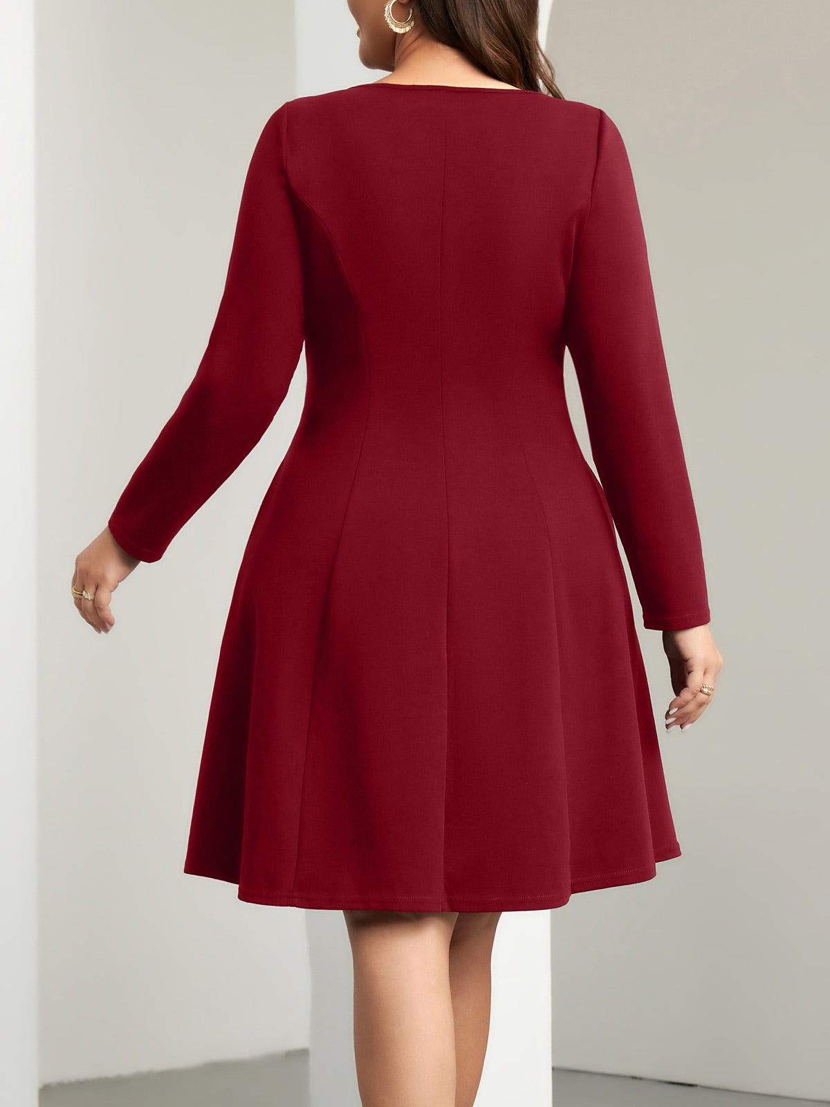 Plus Size Square-Neck Long-Sleeve Mini Dress — Red gallery image 4