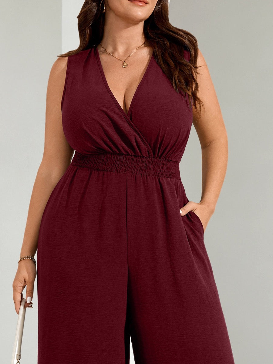Plus Size Sleeveless V-Neck Wide-Leg Jumpsuit — Burgundy close-up detail