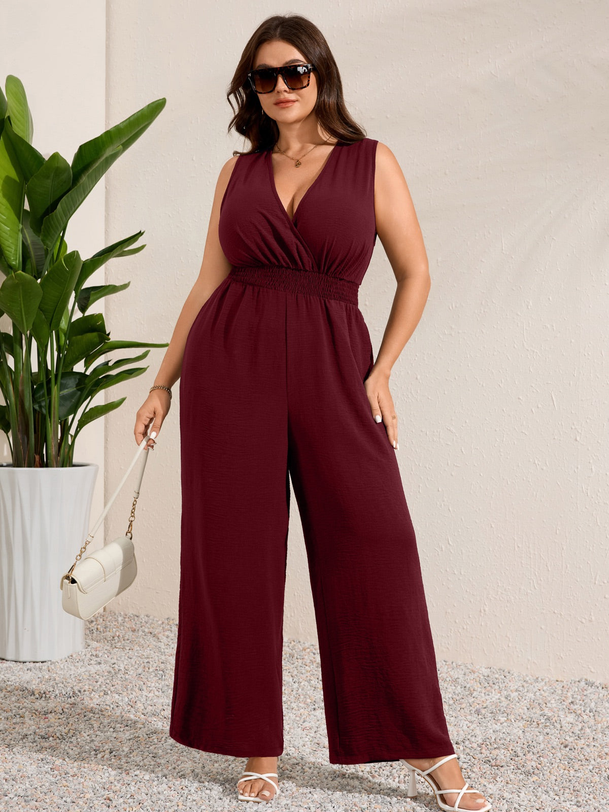 Plus Size Sleeveless V-Neck Wide-Leg Jumpsuit — Burgundy gallery image 1