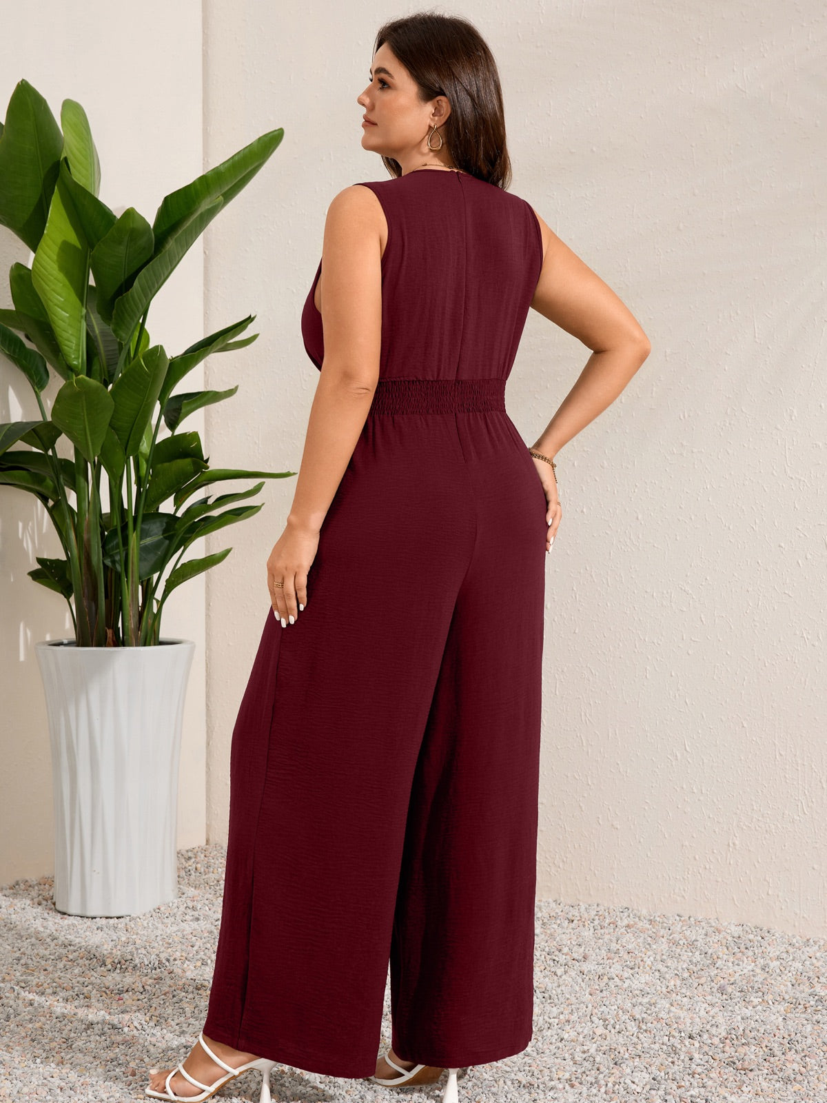 Plus Size Sleeveless V-Neck Wide-Leg Jumpsuit — Burgundy gallery image 2