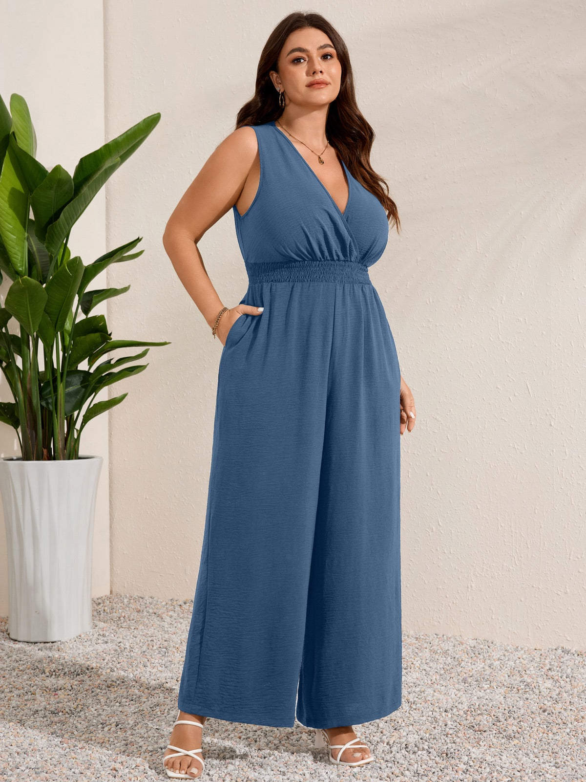 Plus Size Sleeveless V-Neck Wide-Leg Jumpsuit — Dusty Blue gallery image 3