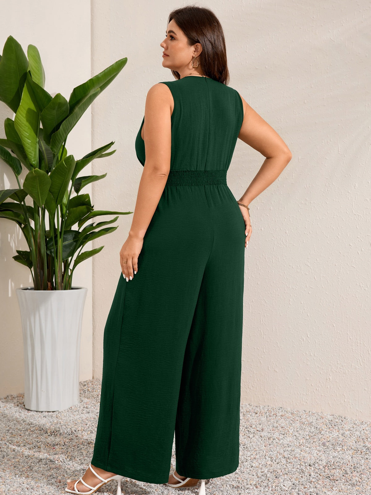 Plus Size Sleeveless V-Neck Wide-Leg Jumpsuit — Emerald Green gallery image 2